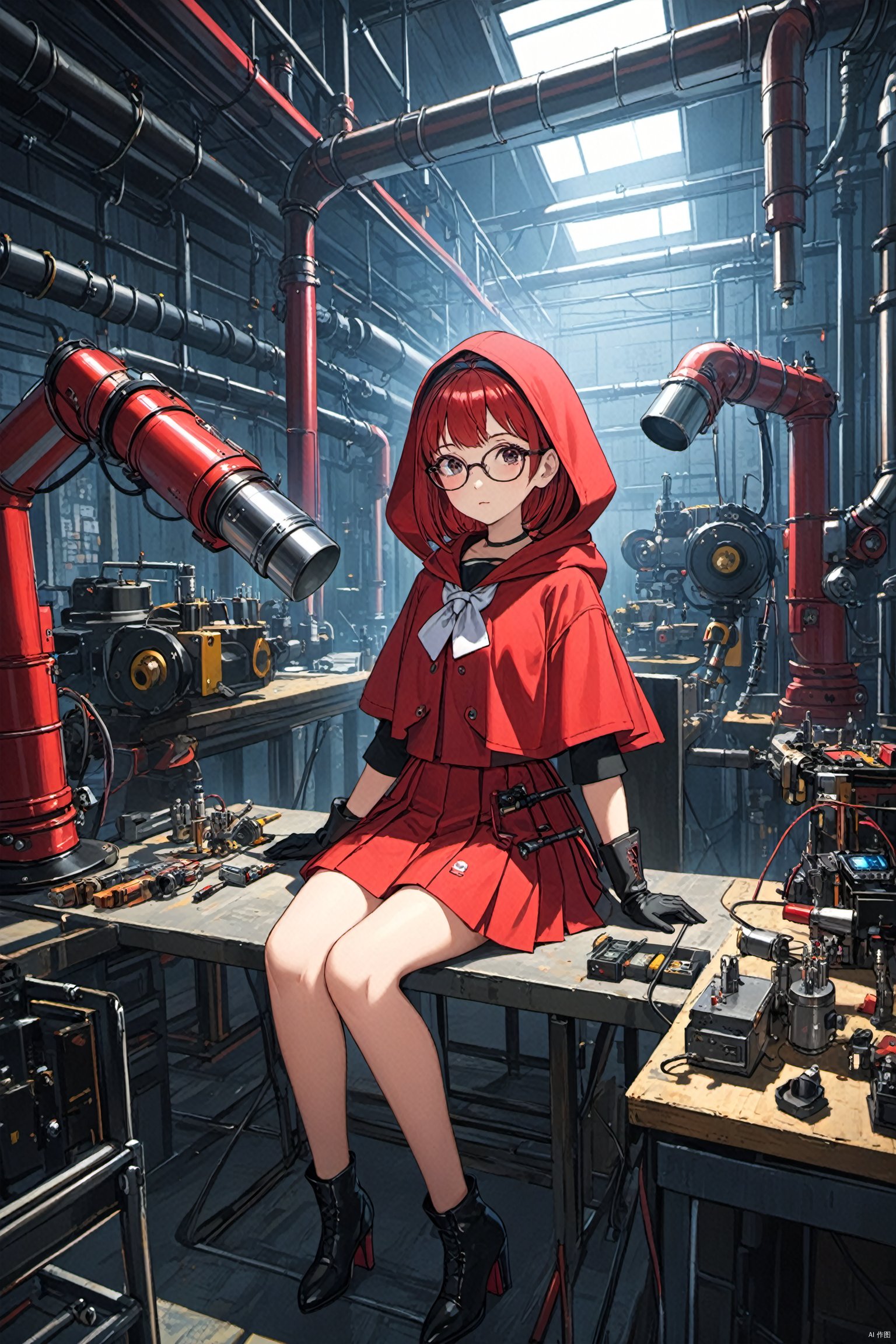  tutututu, red skirt, red hooded capelet, T shirt, cinematic style,realistic,masterpiece,best quality,extremely detailed,absurdres resolution,High quality texture,Cinematic Lighting,1girl Sitting at the table fixing robots,robot dog,cute genius japanese school girl,red necktie, glasses,protective gloves,in a A basement full of neo pipes,welding,precision instruments,complex circuit,vacuum tube punk,high heels,  