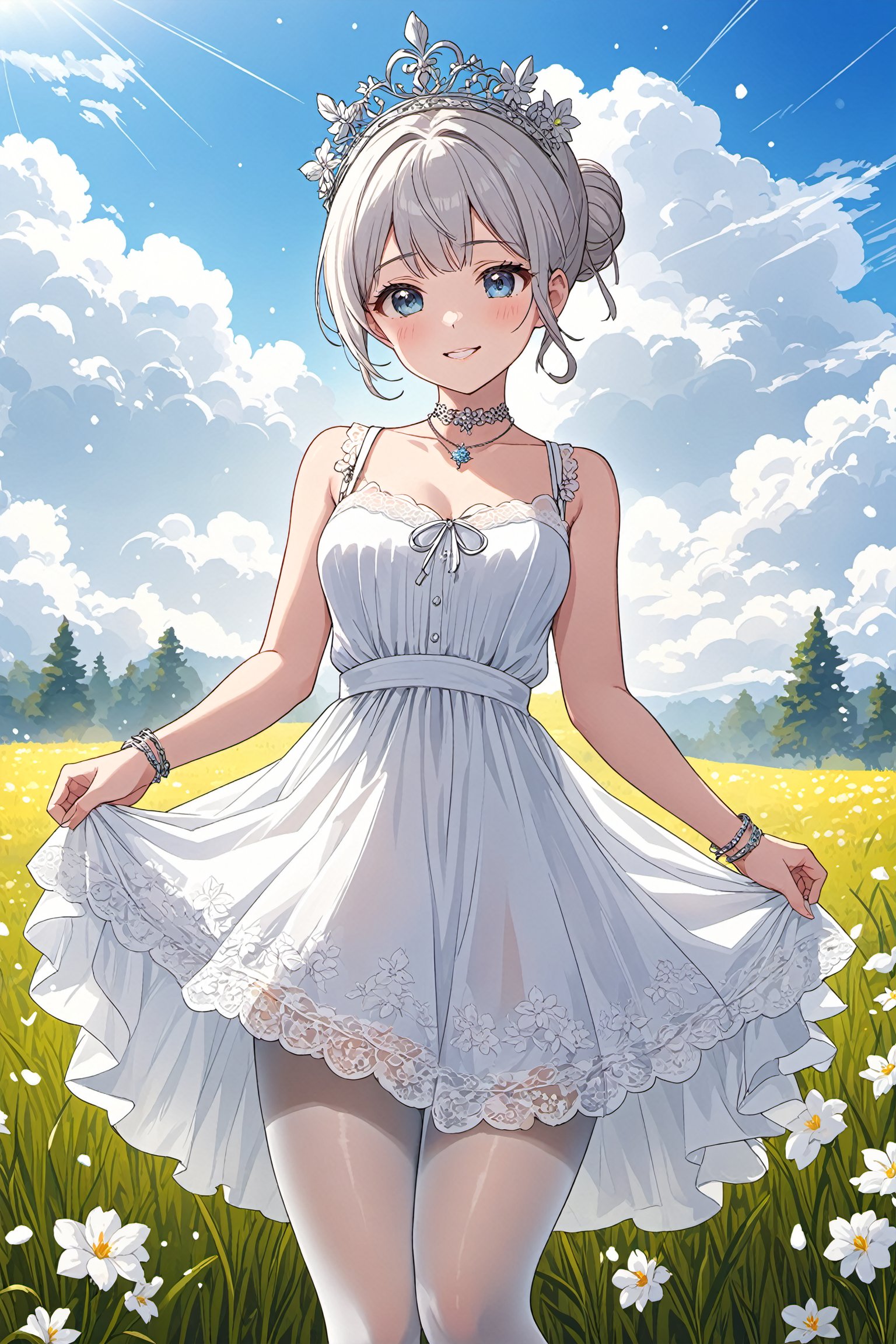 Realistic, masterpiece, highest quality, high resolution, extreme details, 1 girl, solo, bun, headdress, delicate eyes, beautiful face, shallow smile, delicate necklace, suspender dress, white lace dress, light gauze, snow-white skin, delicate skin texture, silver bracelet, pantyhose, high heels, elegant standing, outdoor, blue sky, white clouds, flowers, flowers, grass, movie light, light, light tracking, (Nikon AF-S 105mm f / 1.4E ED),