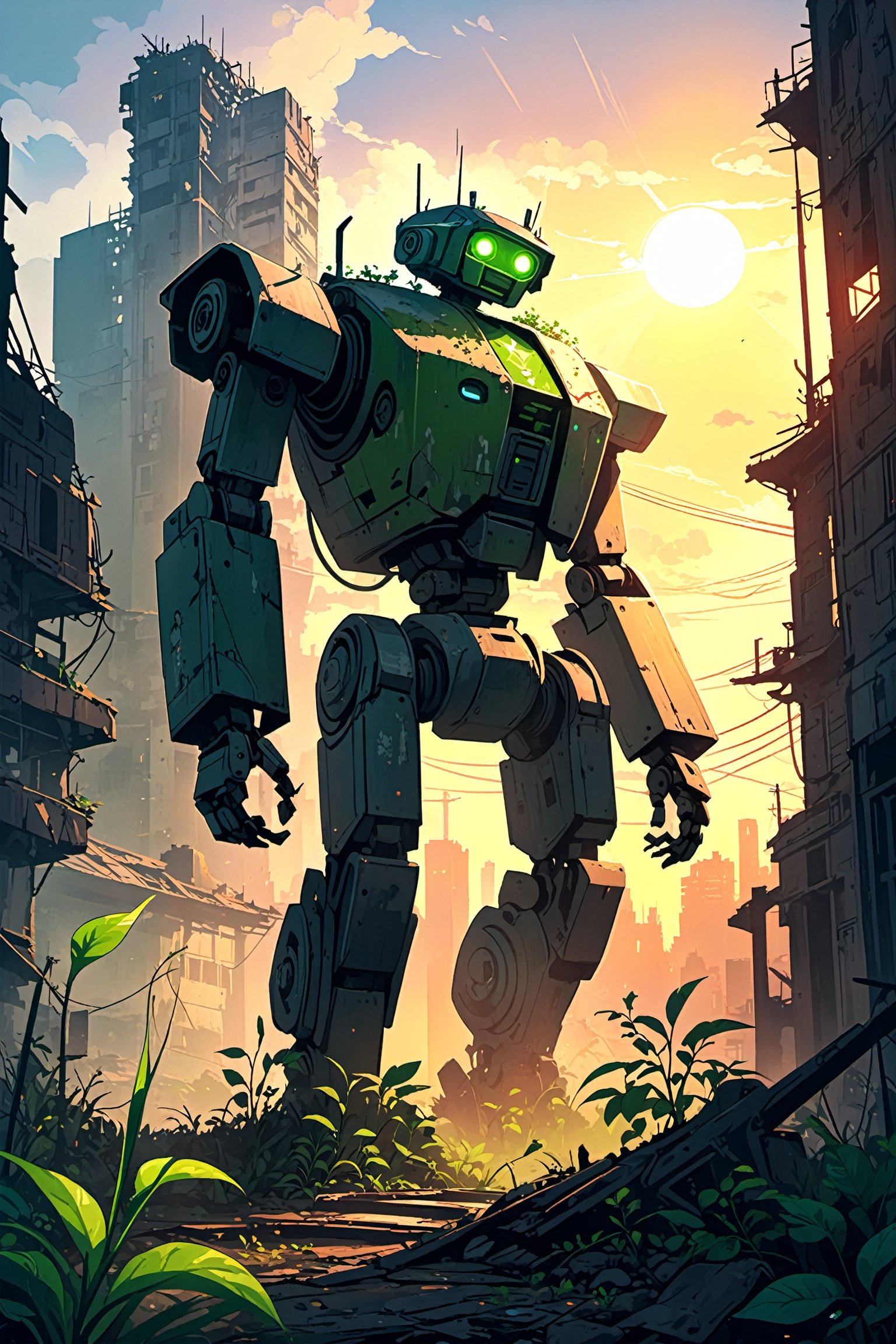 Sparth style art, post-apocalyptic city, ruined buildings, overgrown with nature, a single robot standing in the center, holding a green sprout, under the cloudy sky, sun setting in the background, 8k illustration
