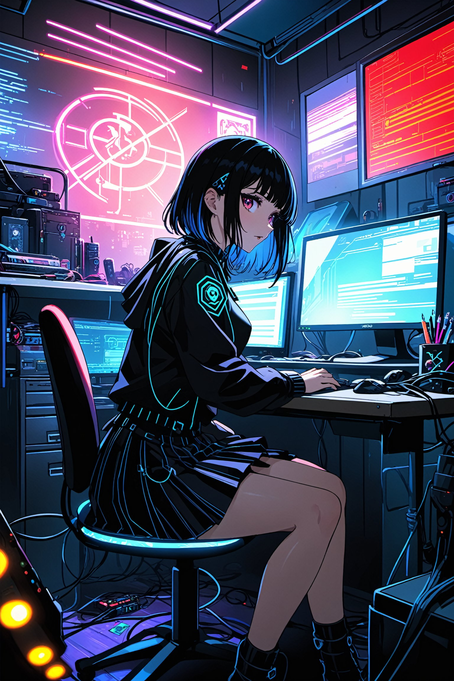  ultra-detailed,(best quality),((masterpiece)),(highres),original,extremely detailed 8K wallpaper,(an extremely delicate and beautiful),
anime,
\\,
BREAK
photo of a cute goth girl,hacker,sit a desk,working at pc,skirt,clutter metro,night,neon lights,nerd outfit,cinematic,cyberpunk,clutter large room,cables,,