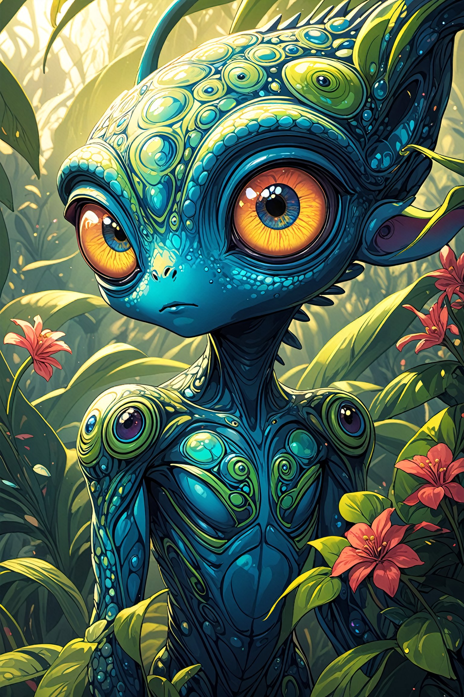 1alien,solo,big eyes,intricate details,skin that changes colors like a chameleon,fluid-like motion,expressive eyes,surreal background,with otherworldly flora,insane details,aesthetic,octane render,