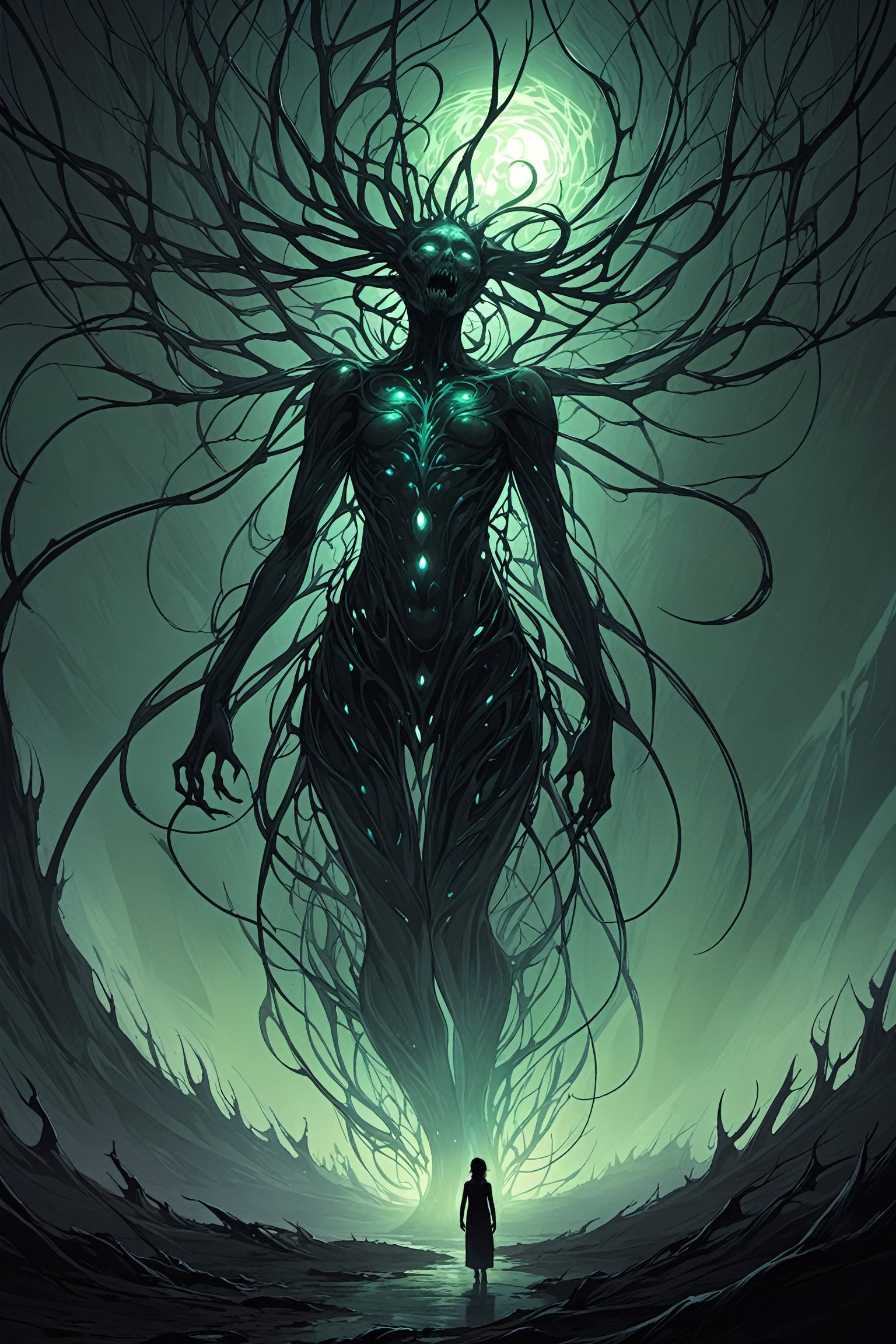 In a desolate,moonlit landscape,a lone figure emerges,their silhouette contorted and grotesque against the eerie glow. Closer inspection reveals a fusion of organic and mechanical elementsâsinister tendrils of pulsating flesh intertwining with cold,metallic structures. The figure's skin appears as if it's unraveling,revealing glimpses of something otherworldly beneath. The air is thick with an otherworldly hum,and a sickly,iridescent light emanates from the aberrant fusion. This image prompt invites exploration into the realm of body horror,prompting creative minds to unravel the unsettling narrative within this grotesque tableau,