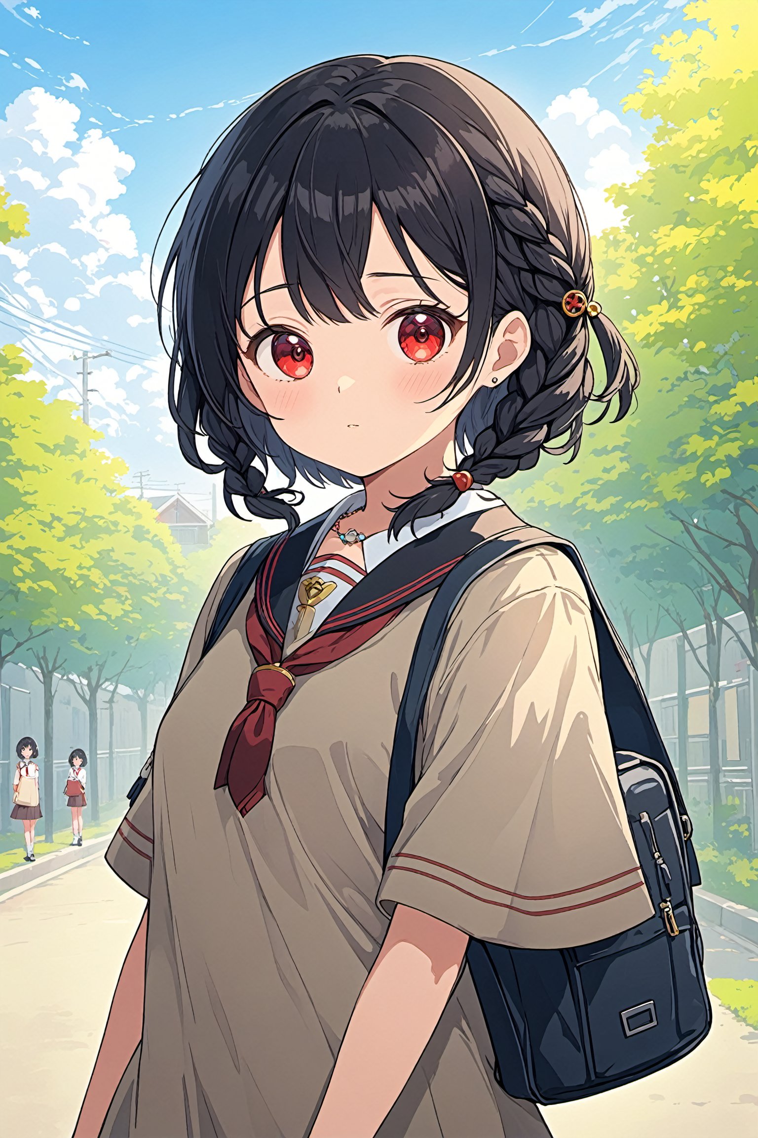 Anime style illustration,1girl,short black hair,red eyes,looking at viewer,half body,holding a school bag,wearing a seifuku,under the clear day sky,high resolution illustration,A full art illustration in a flat anime style, her twin braids and jewelry adding to her charm. An upper body portrait of this unique character with one eye red