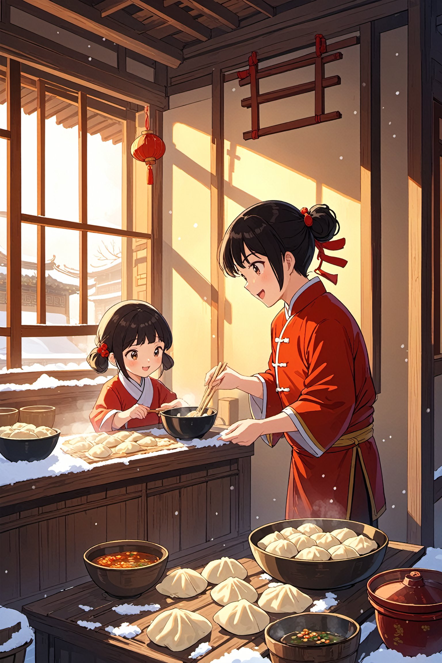 Anime style illustration,1boy and 1girl,making dumplings,in a traditional Chinese kitchen,window showing a courtyard covered in snow,under the warm light,high resolution illustration,Chinese New Year,