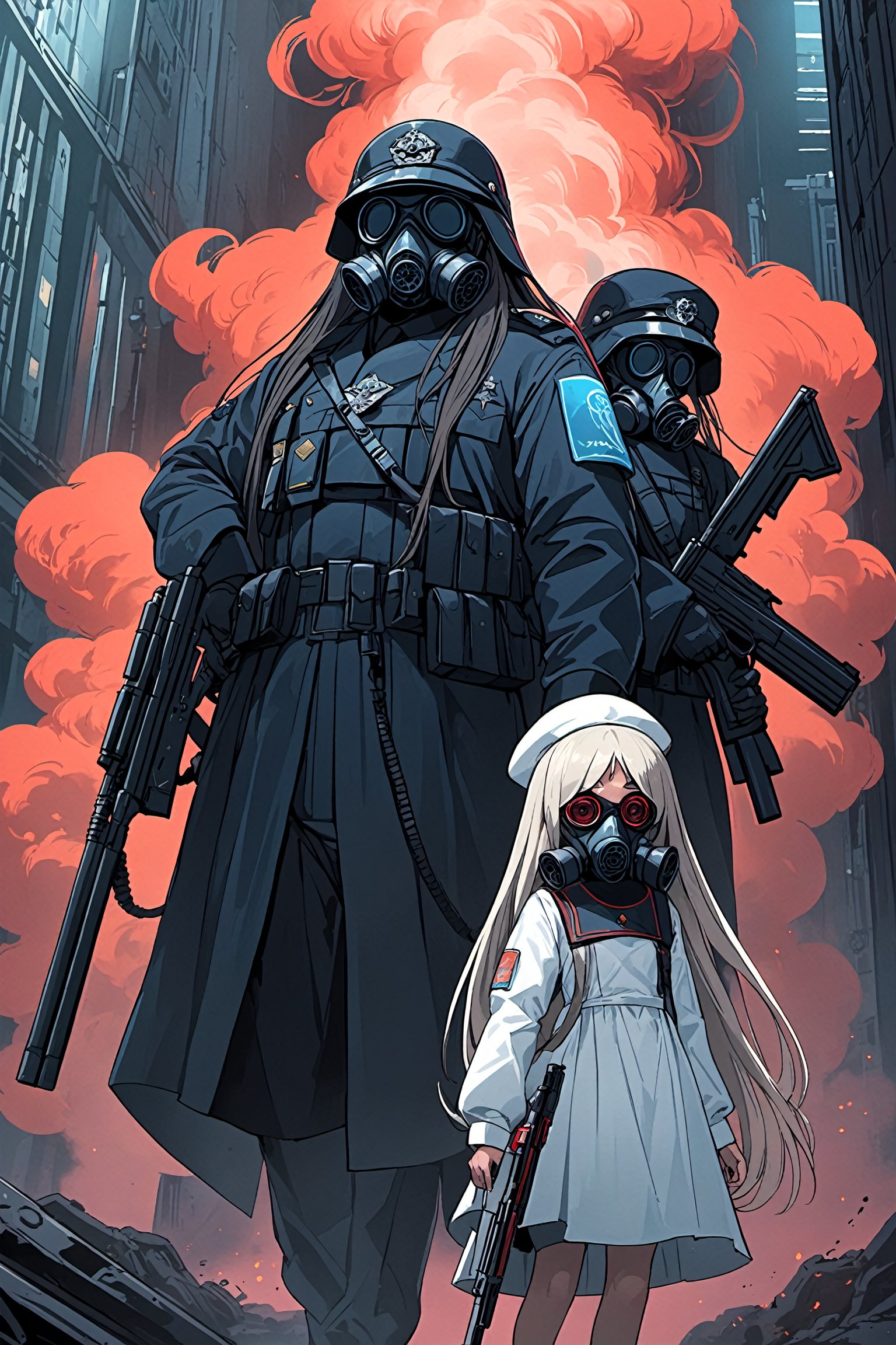 masterpiece,best quality (Darkgiants:1.2),1huge monster,future,cyberpunk,gas_mask,gun,hat,helmet,holding,holding_weapon,long_hair,mask,military,military_uniform,multiple_boys,realistic,science_fiction,uniform,weapon,red|blue smoke,white dress