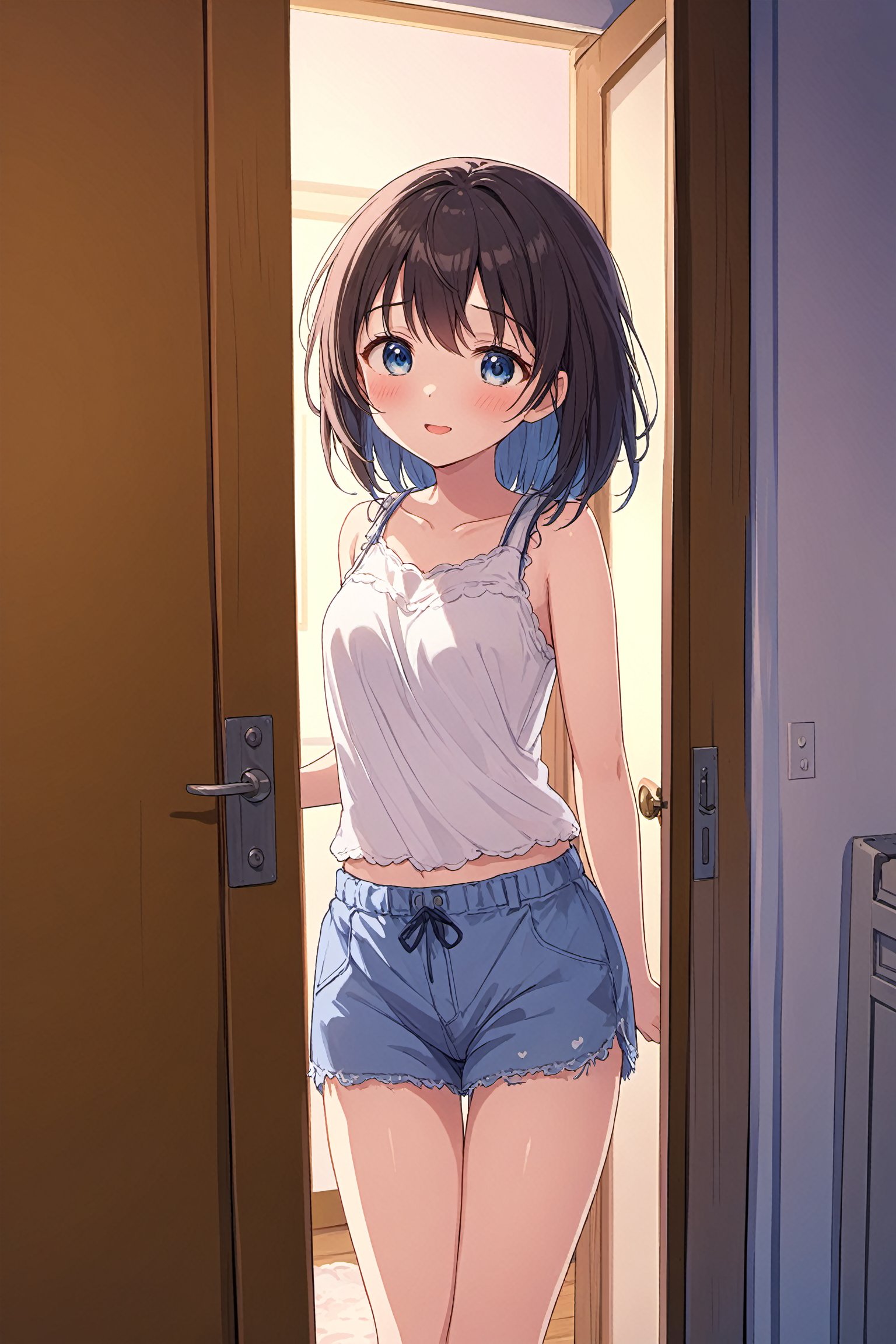 a girl standing in front of a door,cute anime girl portrait,undressing,Sayori from Doki,blue mood,messy clothes,summer night,in her room,embarrassed expression,revealing clothes,Happy Valentine,tired expression,brunette girl,bright summer day,through my eyes,clothes,