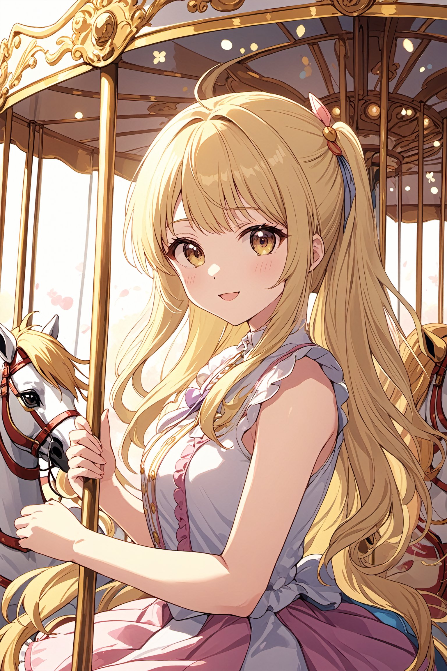 ultra-detailed,(best quality),((masterpiece)),(highres),original,extremely detailed 8K wallpaper,(an extremely delicate and beautiful),
anime,
\\,
BREAK
1girl,beautiful,blonde hair,happy,on a carousel,anime style,nice,perfect,finely detailed,aesthetic,ideal,impeccable,