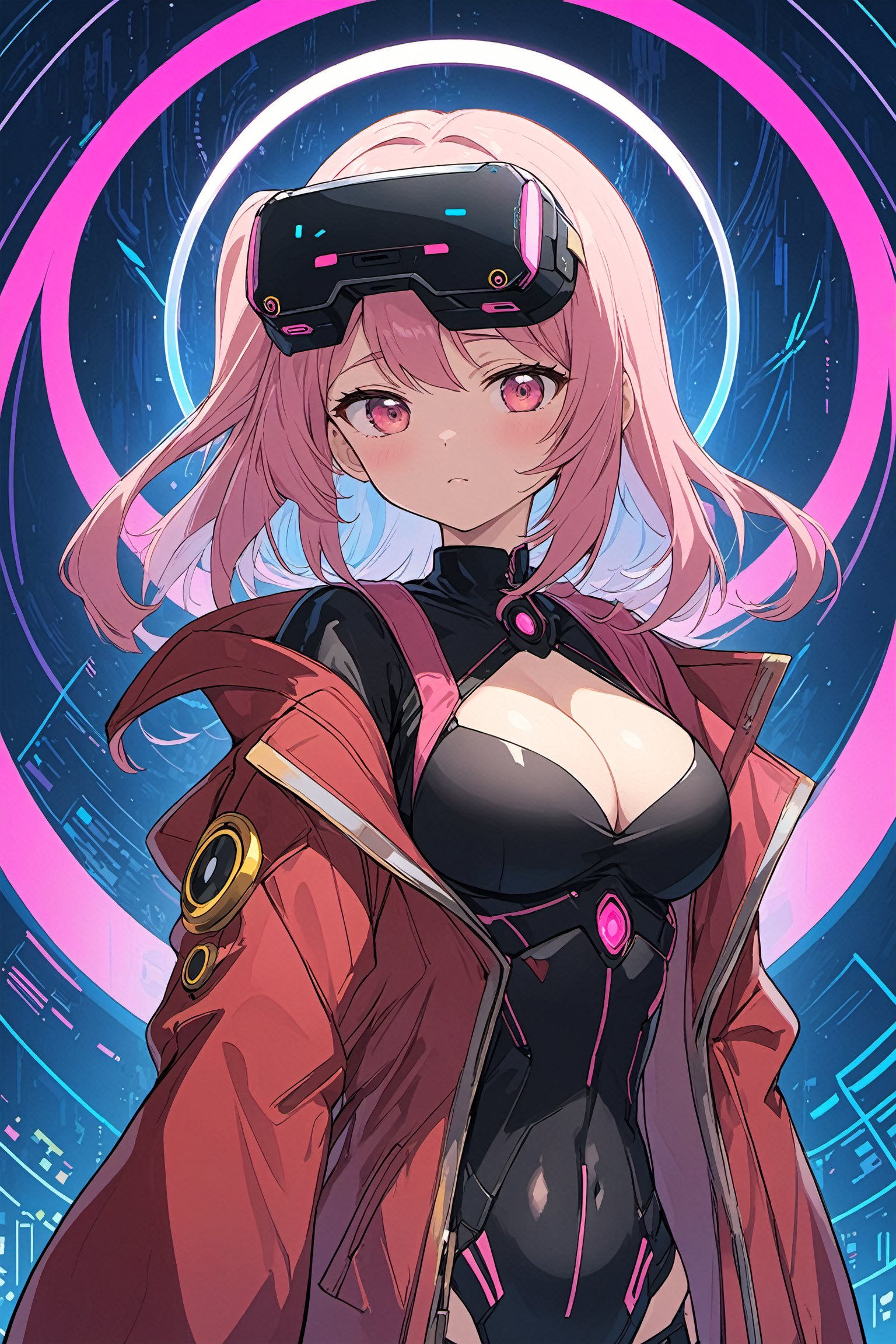 flat anime style,Futuristic Soldier Girl Portrait, looking at viewer,red jacket,a black shirt revealing her navel,VR headset,cyberpunk reality of 2089,framed by a halo in a Moebius-style portrait.blue sci-fi background,Cleavage,Madoka magica,Anarchy,utonomous Robot full Art,Artwork in Guweiz Style,Technology Cloak,bug-like face,Pink character illustration,upper body, science fiction, chibi