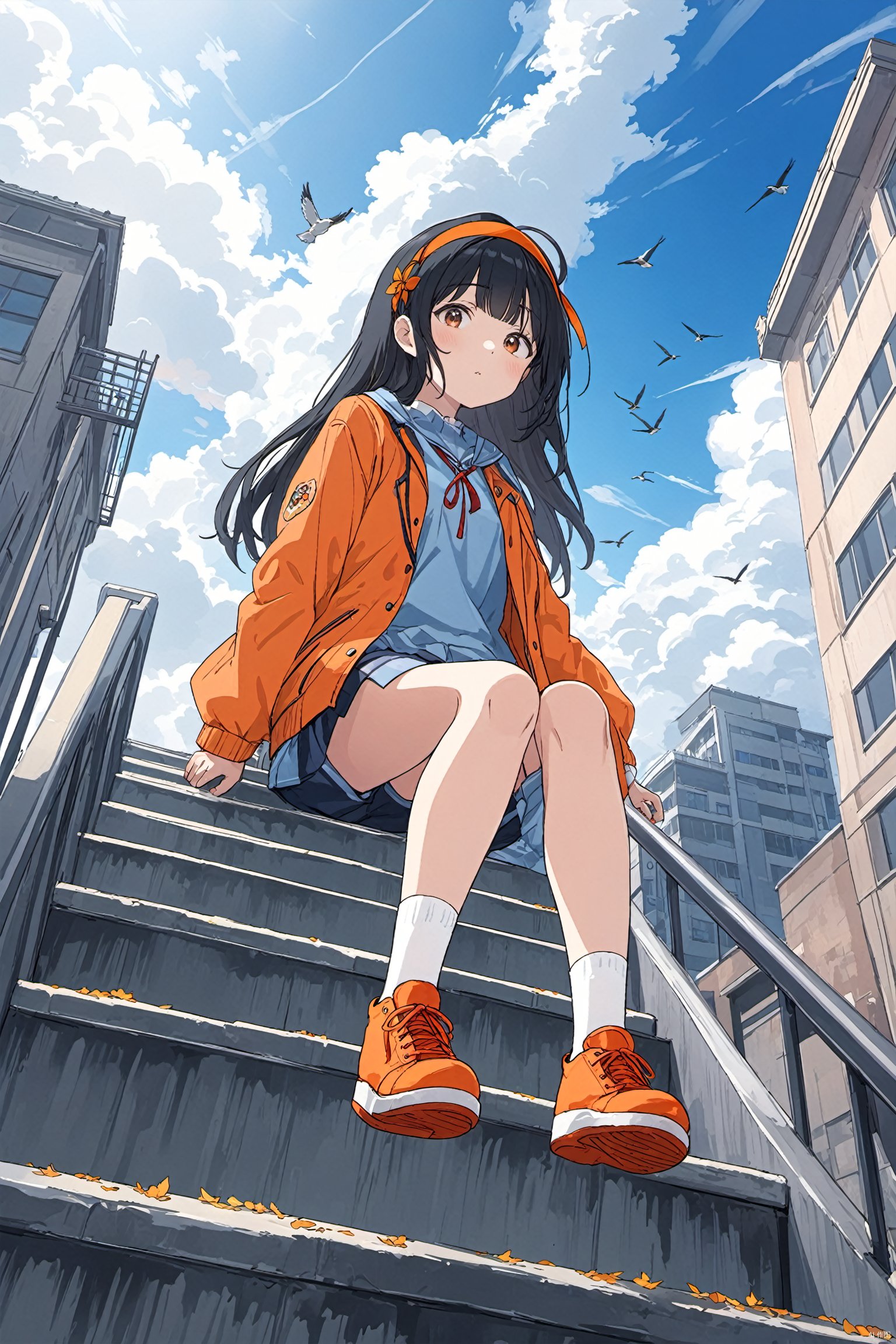 1girl,orange shoes,solo,sitting,sky,clouds,outdoors,black hair,bird,upward view,blue sky,white socks,daytime,orange jacket,building,long sleeves,leaves,long hair,stairs,red headband,pump Rope,headband,bangs,cloudy sky,from_below,wide_shot,