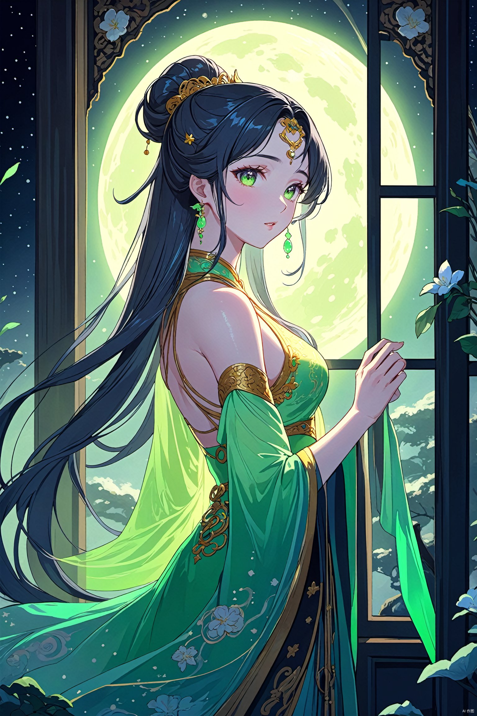 Epic beauty, cinematic light contrast, Oriental mythological style, ultra HD wallpaper, super detail, masterpieces,
Break
In the quiet (Moon Palace:1.2),(Chang 'e: 1.5) , (wearing neon clothes: 1.5), fairy temperament, her skin (ice muscle jade skin: 1.4), her eyes revealed a hint (sadness and pain: 1.4), (her hand gently caress the windowsill), as if thinking about their past and future,
Break
a candle shines on (mica screen: 1.4), forming (deep shadow: 1.2). The mica on the screen is delicate and transparent (candlelight casts a soft and warm light and shadow through the texture of the mica: 1.3). The whole room is surrounded by this dim light, creating a quiet and mysterious atmosphere,epic beauty

(Outside the window: 1.4), (long river) flowing slowly, faint ripples on the water surface. As the night faded, so did the stars in the sky. In the dawn's light, the stars sank into the long river, as if a sleeping gem sank to the bottom of the water,