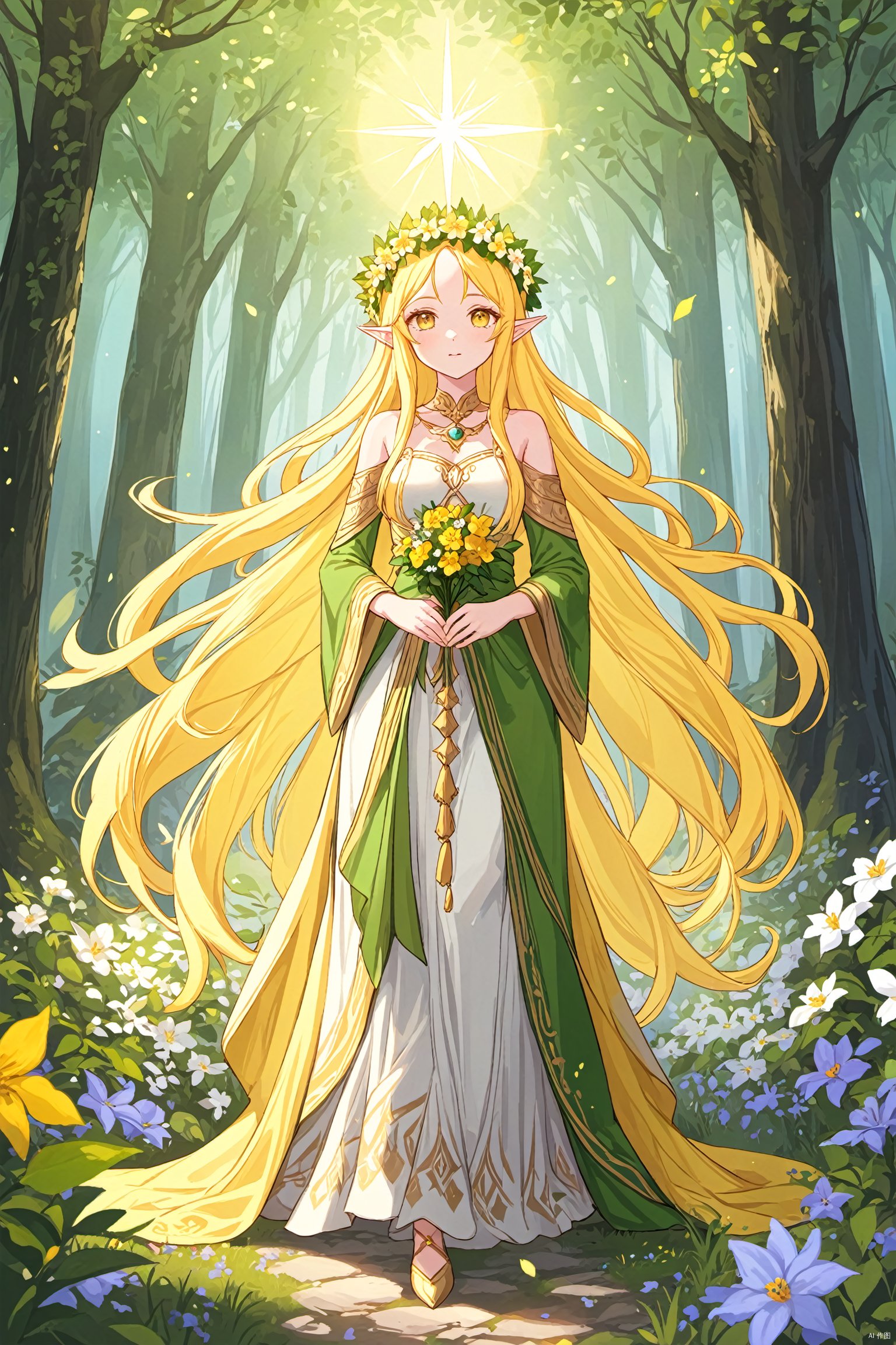 an elegant and beautiful elf,forest,yellow hair,long hair, 
holy light,flower crown, full of flower,godness of flower,
GreekClothes,lobe,full body, GreekClothes 