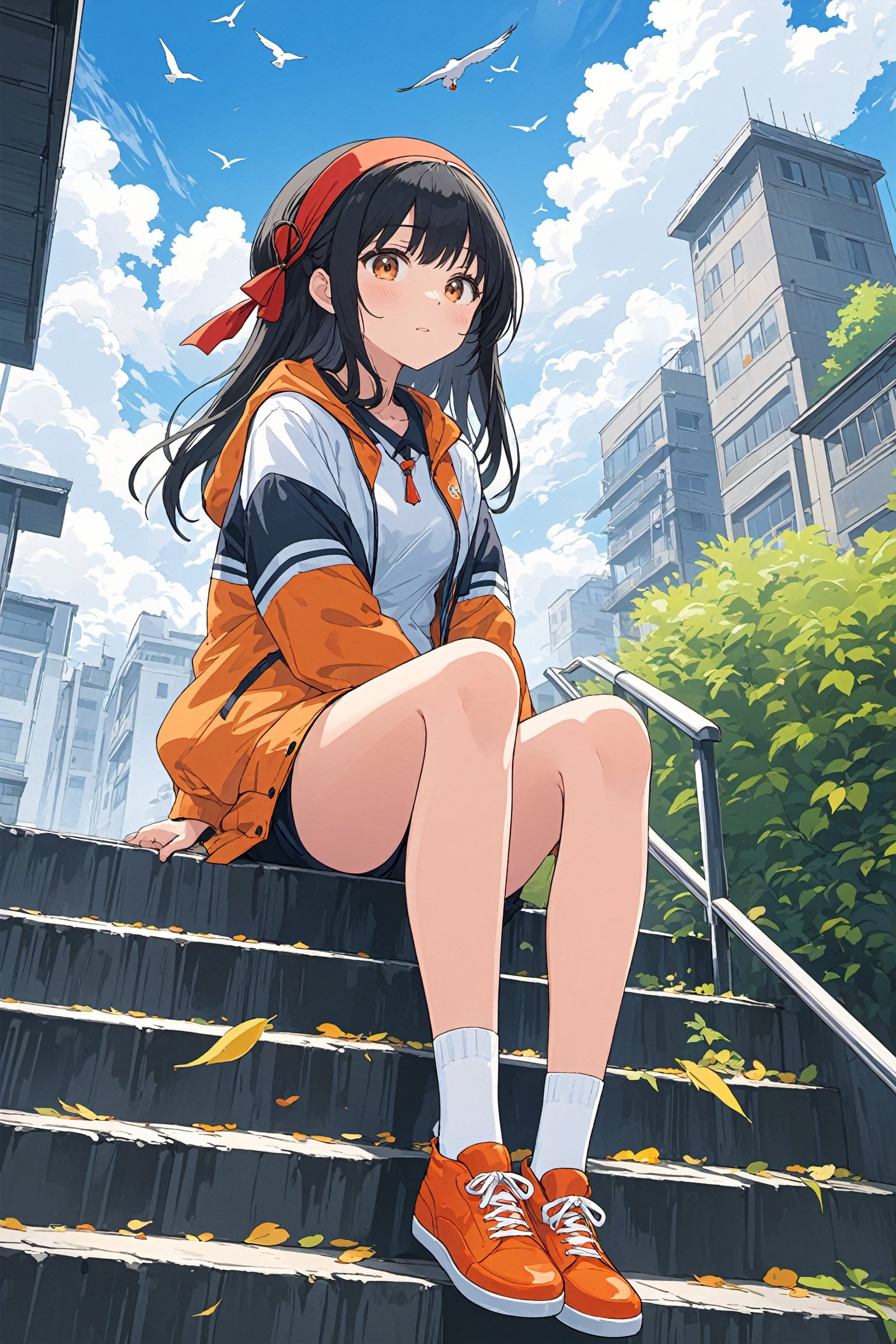  ultra-detailed,(best quality),((masterpiece)),(highres),original,extremely detailed 8K wallpaper,(an extremely delicate and beautiful),
anime,
\\,
BREAK
1girl,orange shoes,solo,sitting,sky,clouds,outdoors,black hair,bird,upward view,blue sky,white socks,daytime,orange jacket,building,long sleeves,leaves,long hair,stairs,red headband,pump Rope,headband,bangs,cloudy sky,from_below,wide_shot,