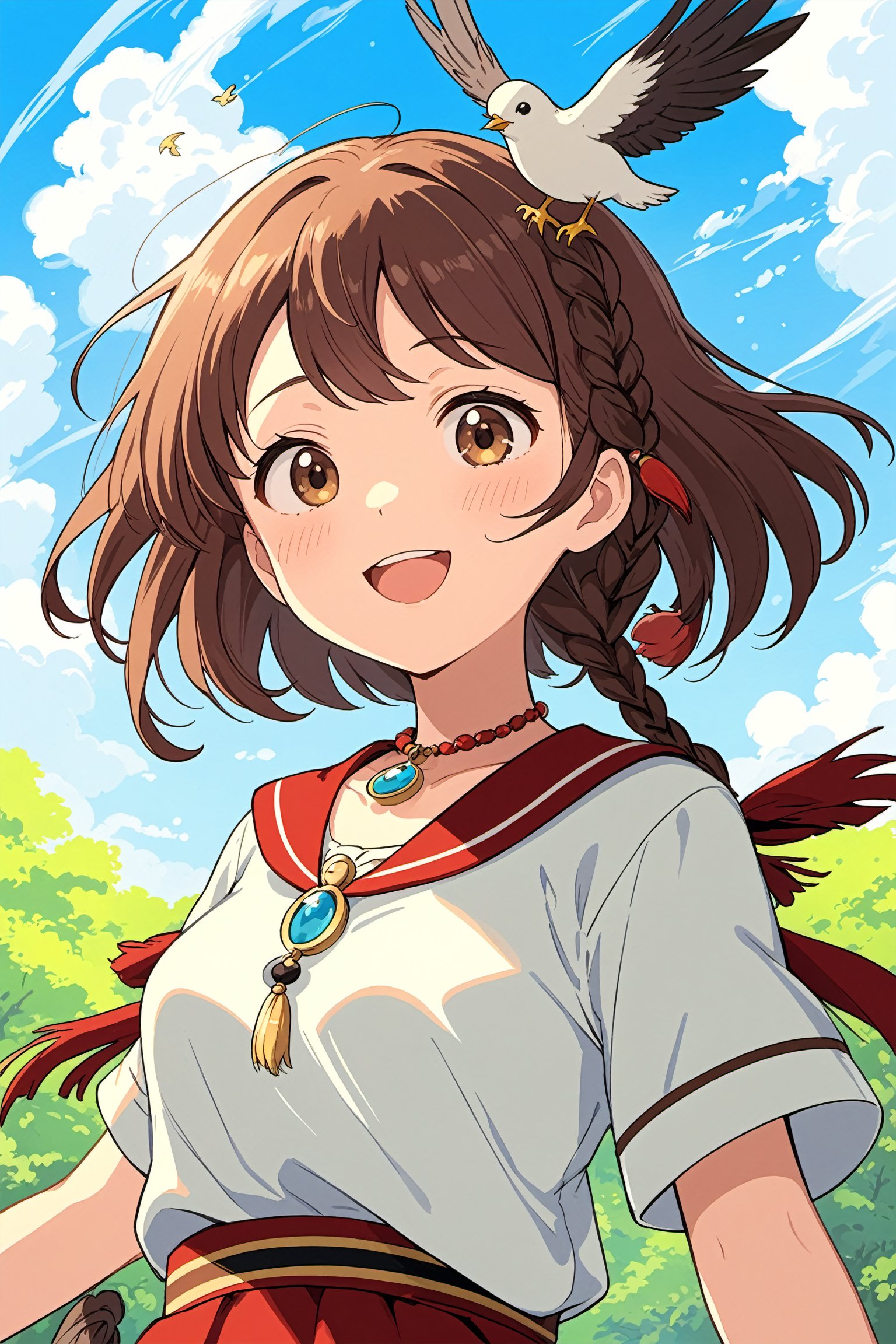 A magical girl in a red and black tribal outfit,with a bird perched on her head. A full art illustration in a flat anime style,her twin braids and jewelry adding to her charm. An upper body portrait of this unique character with one eye red,Girl Smiling Skyward,Studio Ghibli Film Style,Blushing,Joyous Expression,Promotional Film Still,Brunette Girl,Low Angle View,Charming Character Design,Zookeeper,Round-faced Character,Windy Scene,Medium Close Shot,Sunlit Scene,Excited Mood,Milk Element,Flying Hair,Opening Scene,Bashful Expression,Arik Roper Art Style,Solo Girl,Sky,Cloud,Brown Hair,Smile,Brown Eyes,Open Mouth,Blue Sky,Jewelry,Daytime,Shirt,Necklace,Viewer Engagement,White Shirt,Outdoor Scene,Short Hair,looking at viewer,