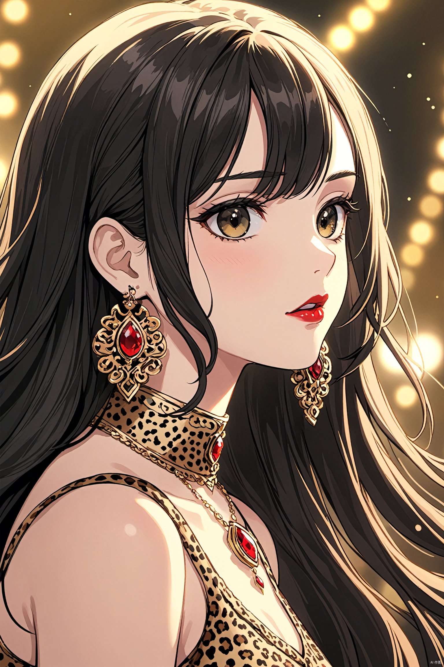  (Masterpiece, best quality, super quality, 8k, ridiculous, crazy detail, intricate detail, hyperdetail, high detail, hyperdetail, reality: 1.4), brunette, long hair, jewelry, panther, earrings, watching the audience, 1girl, solo, makeup, red lips, upper body, black eyes, wavy hair, eyeshadow, closed mouth, animal, lips, anime style, leopard print