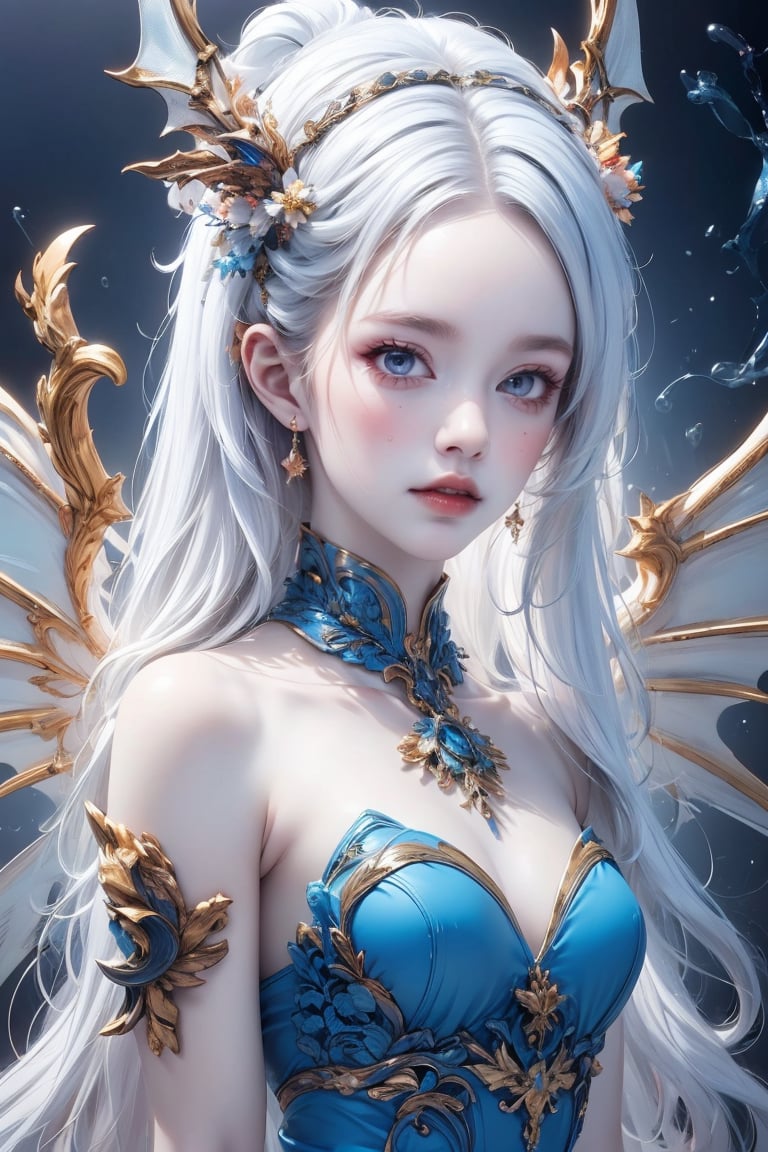  ((best quality)), ((masterpiece)), ((ultra-detailed)), extremely detailed CG, (illustration), ((detailed light)), (an extremely delicate and beautiful), a girl, solo, ((upper body,)), ((cute face)), expressionless, (beautiful detailed eyes), blue dragon eyes, (Vertical pupil:1.2), white hair, shiny hair, colored inner hair, (Dragonwings:1.4), [Armor_dress], blue wings, blue_hair ornament, ice adorns hair, [dragon horn], depth of field, [ice crystal], (snowflake), [loli], [[[[[Jokul]]]]], white shirt, liuguang, white pantyhose, (tutututu), dofas