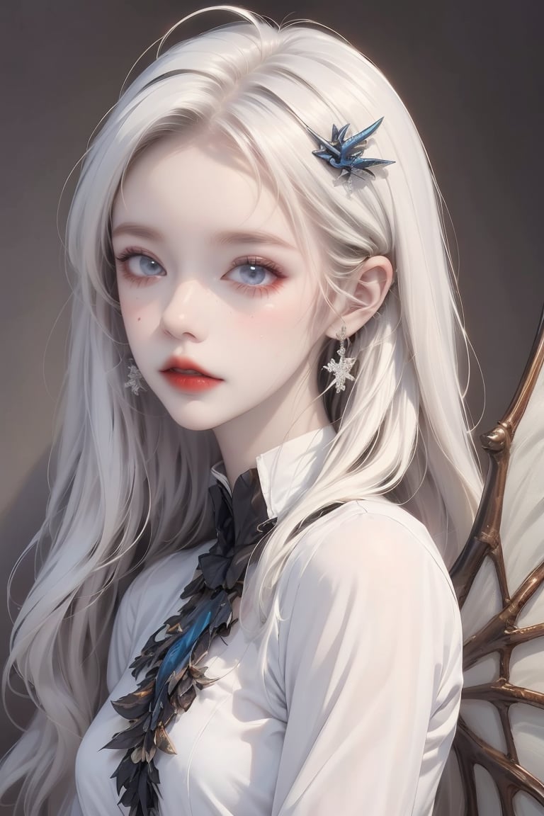  ((best quality)), ((masterpiece)), ((ultra-detailed)), extremely detailed CG, (illustration), ((detailed light)), (an extremely delicate and beautiful), a girl, solo, ((upper body,)), ((cute face)), expressionless, (beautiful detailed eyes), blue dragon eyes, (Vertical pupil:1.2), white hair, shiny hair, colored inner hair, (Dragonwings:1.4), [Armor_dress], blue wings, blue_hair ornament, ice adorns hair, [dragon horn], depth of field, [ice crystal], (snowflake), [loli], [[[[[Jokul]]]]], white shirt, liuguang