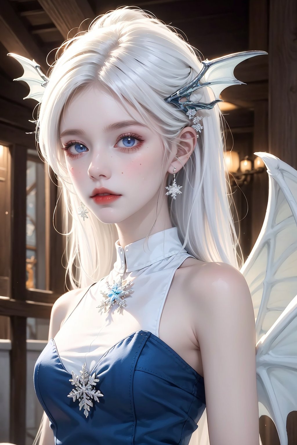  ((best quality)), ((masterpiece)), ((ultra-detailed)), extremely detailed CG, (illustration), ((detailed light)), (an extremely delicate and beautiful), a girl, solo, ((upper body,)), ((cute face)), expressionless, (beautiful detailed eyes), blue dragon eyes, (Vertical pupil:1.2), white hair, shiny hair, colored inner hair, (Dragonwings:1.4), [Armor_dress], blue wings, blue_hair ornament, ice adorns hair, [dragon horn], depth of field, [ice crystal], (snowflake), [loli], [[[[[Jokul]]]]], white shirt, liuguang