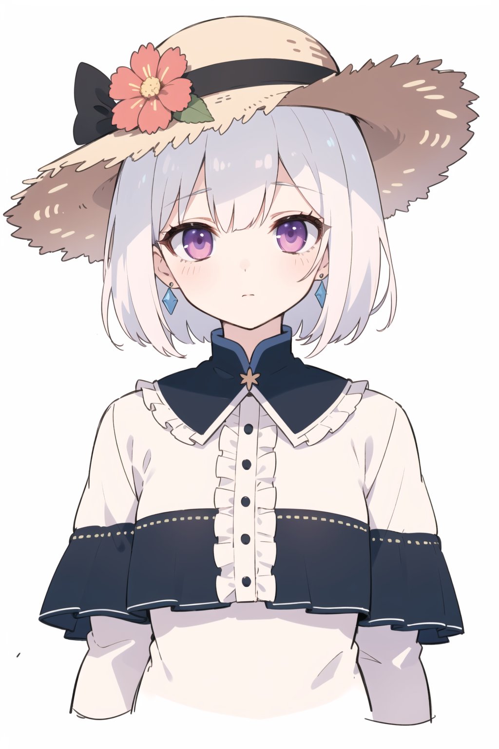  Straw hat,quality_best, style_onineko, (Distinct pupils)(Clear eyes), 1girl, solo, c, earrings, looking at viewer, flower, short hair, bangs, closed mouth, simple background, black headwear, white background, red flower, upper body, white hair, hair intakes, frills, purple eyes, hair ornament, expressionless, hat flower, eyelashes, best quality