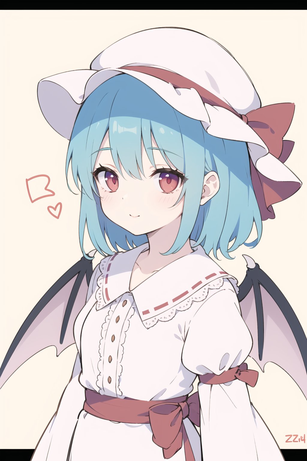 Remilia Scarlet, zun hat, extremely detailed lace, :), upper body, arms at sides, lace, Blue hair