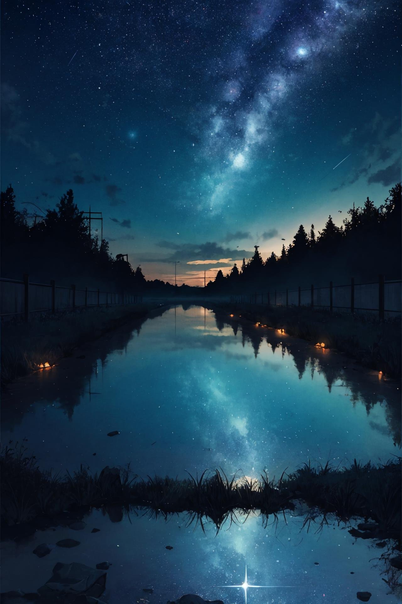 solo, no humans, glowing ,sky, scenery, star (sky), cloud, outdoors, tree, reflection, starry sky, overgrown, ruins, day, water, night, border, post-apocalypse, blue sky, plant, black border //////////////////////, <lora:﷿丽的光影:0.2>,<lora:add_detail:0.35>, <lora:adaptedmodel:0.35>