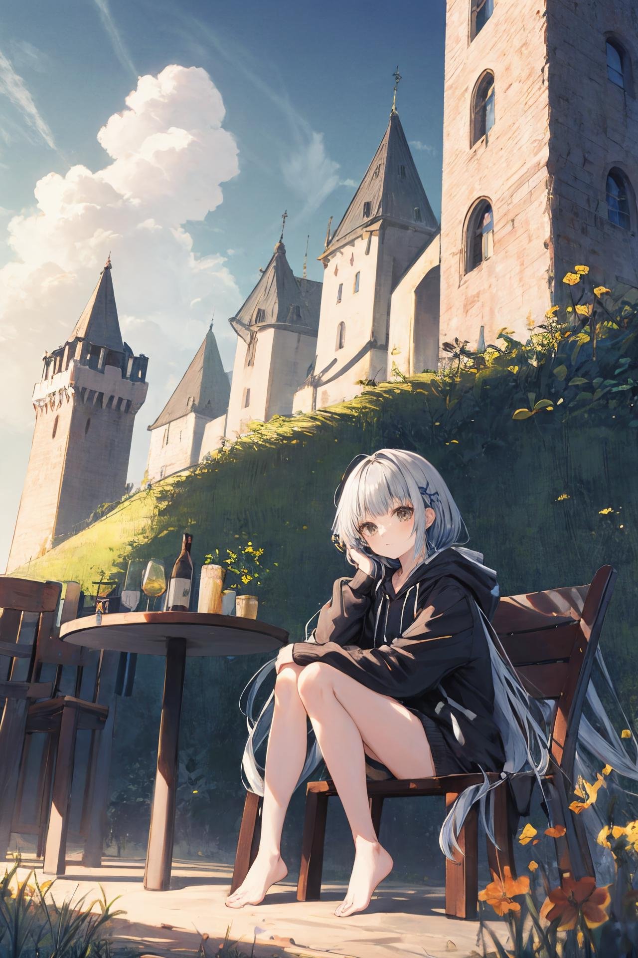 F:\\AIxunlianji\\SWAV\\10 SWAV, 1girl, long hair, solo, barefoot, sitting, looking at viewer, very long hair, indoors, bangs, bare legs , table, long sleeves, hood, hoodie, full body, grey hair, brown eyes, jacket, black hoodie, chair, legs ,scenery, outdoors, sky, cloud, grass, day, castle, blue sky, path, tower, cloudy sky, building, road, wall //////////////////////, <lora:﷿丽的光影:0.2>,<lora:add_detail:0.35>, <lora:adaptedmodel:0.35>