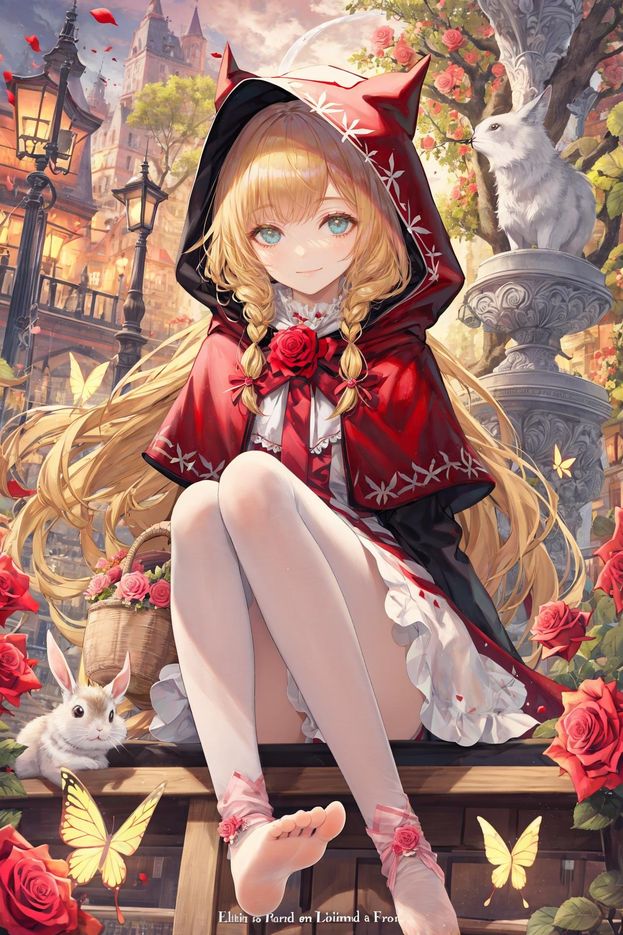 little red riding hood \(grimm\), flower, blonde hair,floating hair,light eyes, butterfly, rose, rabbit, bug, pink rose, bird, long hair, sitting, french text, hood, english text, basket, wolf, multiple girls, tree, 1girl, smile, dress, food, pink flower, white stockings bare feet/////////// <lora:TorinoEX-000062:1>, <lora:﷿丽的光影:0.2>,<lora:add_detail:0.35>, <lora:adaptedmodel:0.35>