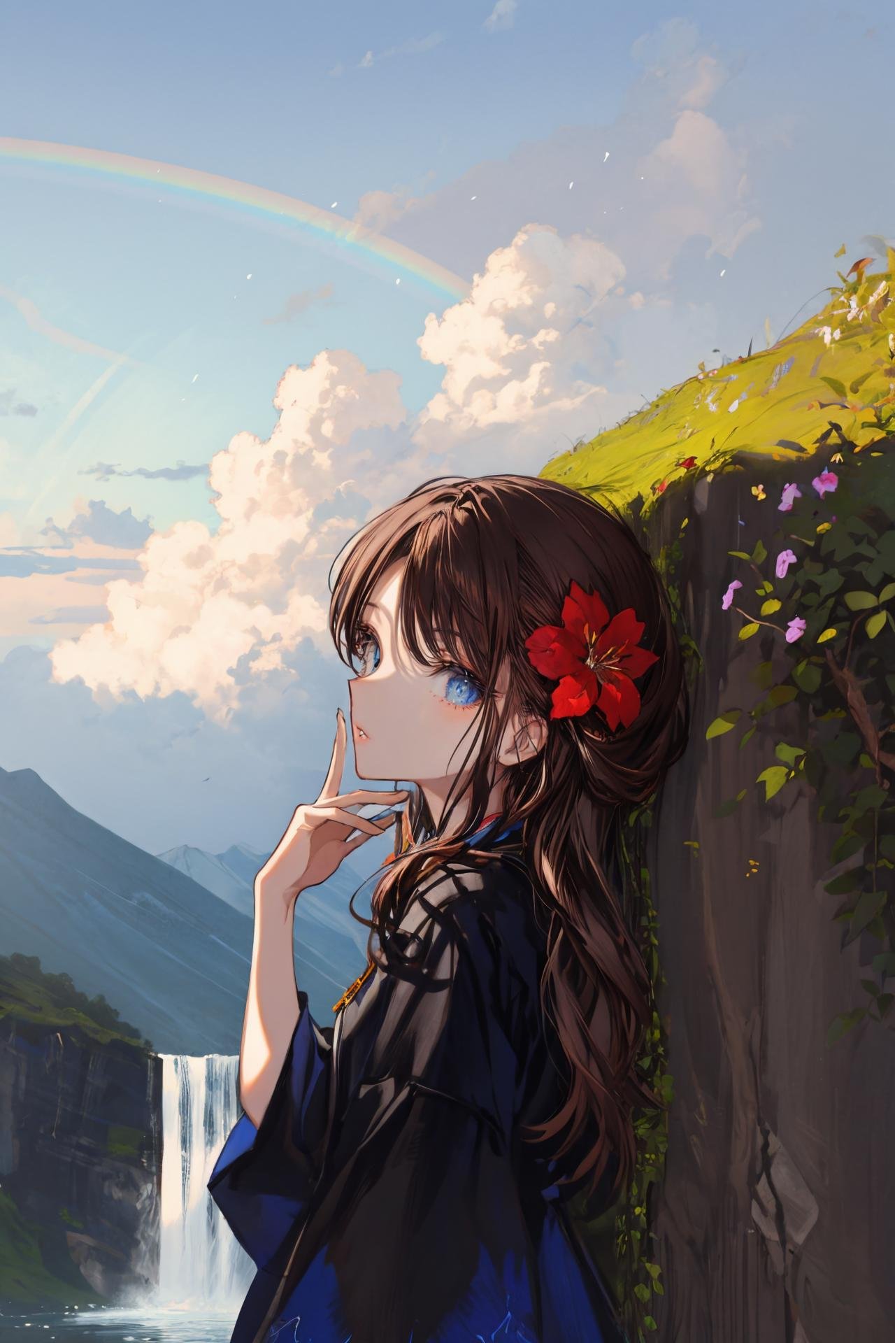 1girl, solo, blue eyes, parted lips, portrait, long hair, brown hair, looking at viewer, hand up, colorful, bangs, shadow, flower, close-up ,waterfall, rainbow, scenery, long hair, solo, sky, outdoors, cloud, day, water, black hair, standing, fantasy, wide shot, blue sky, very long hair, cliff, dress, tree ///////////  <lora:Inamori_Ryusa-000226:0.8>, <lora:﷿丽的光影:0.2>,<lora:add_detail:0.35>, <lora:adaptedmodel:0.35>