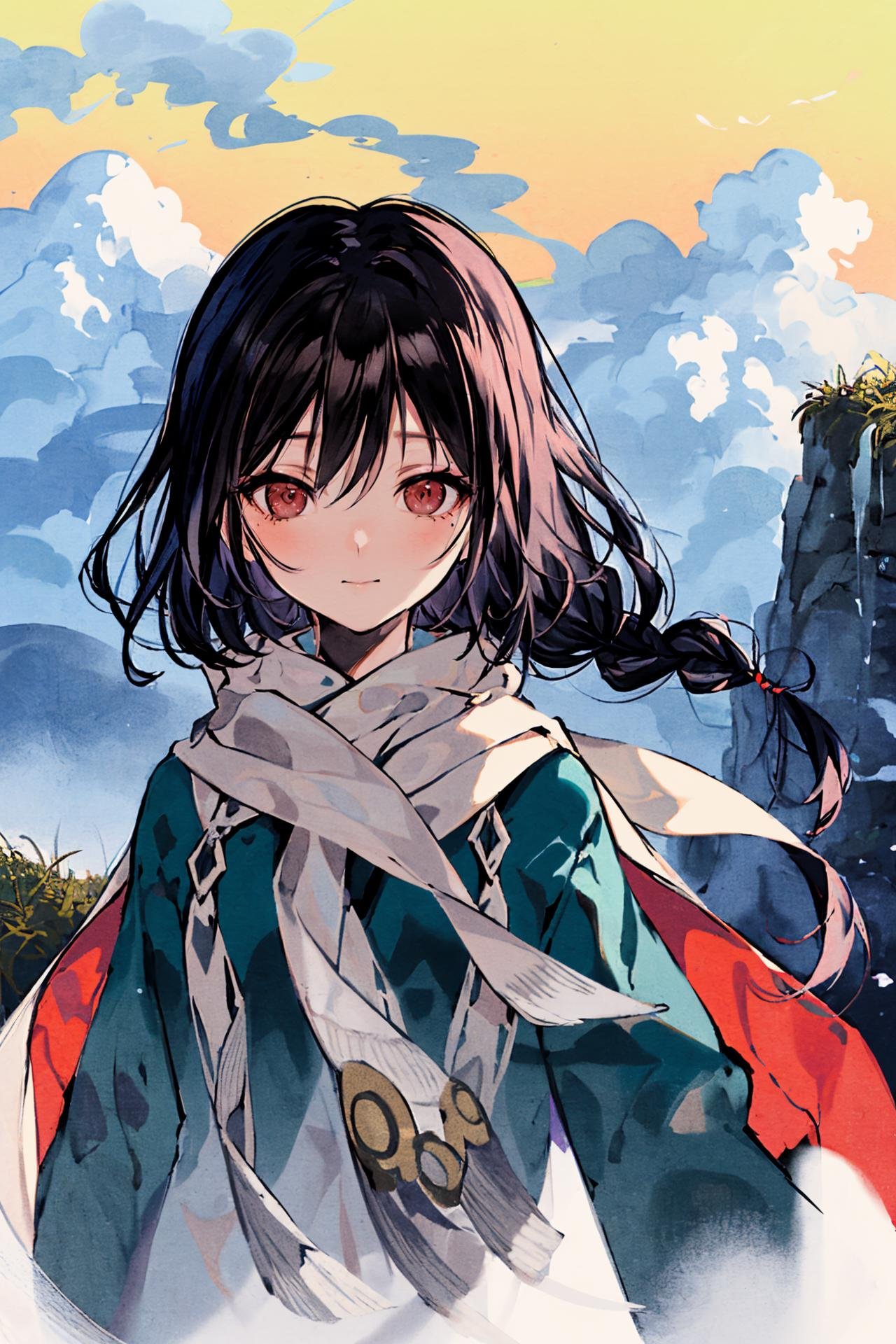 1girl, solo, looking at viewer, long hair, black hair, sunset, braid, sky, outdoors, yatadera narumi, upper body, twin braids, closed mouth, bangs, cloud, scarf, red eyes ,outdoors, scenery, day, sky, cloud, fantasy, dragon, castle, flying, floating island, landscape, grass, mountain, bird, cliff, waterfall, blue sky, wings //////////////////////  <lora:Huya:1>,<lora:﷿丽的光影:0.2><lora:adaptedmodel:0.35>