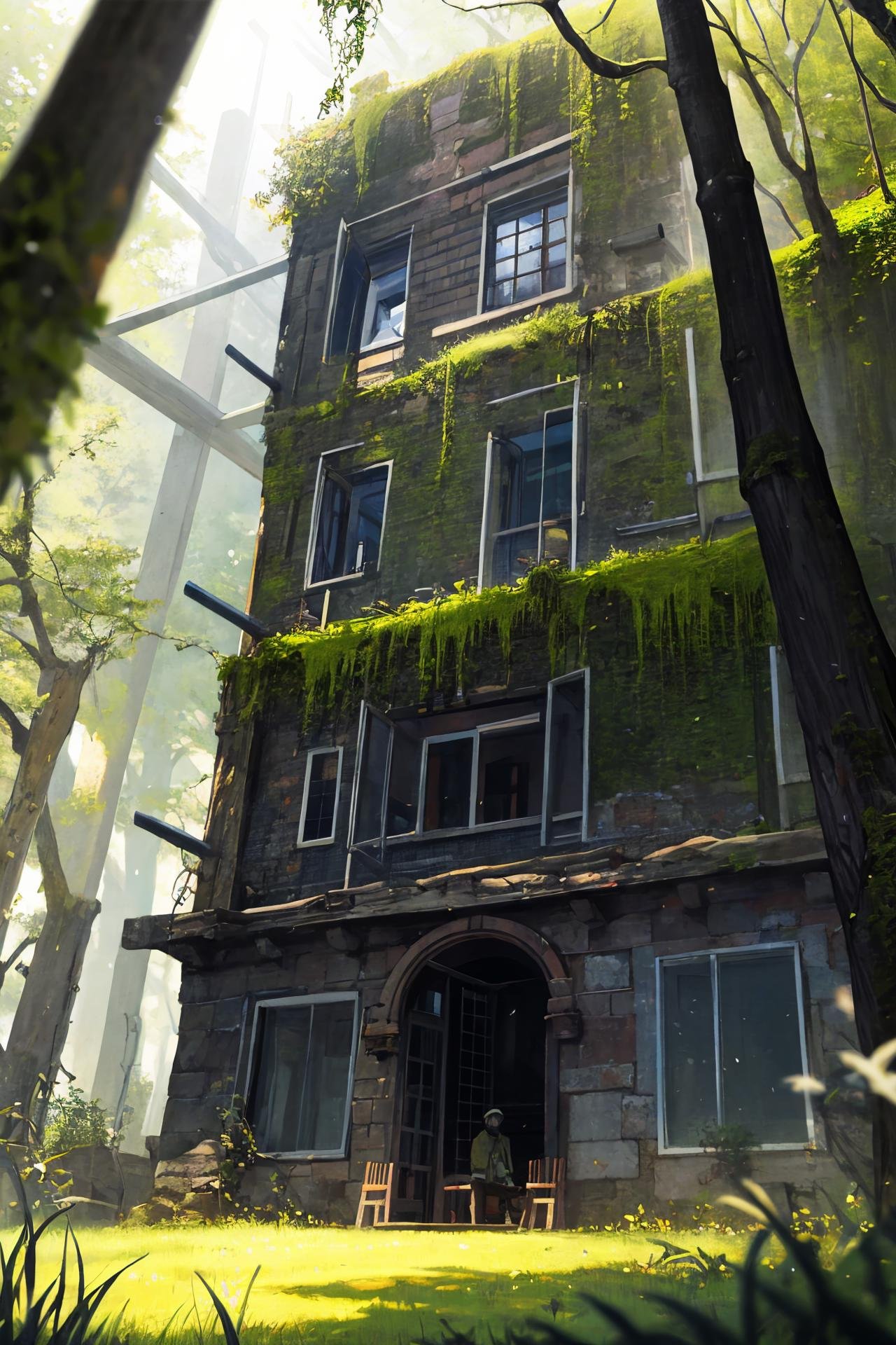 scenery, hat, building, window, city, outdoors, standing, ambiguous gender, coat, multiple boys, boots ,ruins, overgrown, scenery, sunlight, tree, outdoors, light rays, nature, grass, moss, blurry, post-apocalypse, forest, depth of field, sunbeam, building, day, plant, blurry foreground, sitting, artist name //////////////////////, <lora:﷿丽的光影:0.2>,<lora:add_detail:0.35>, <lora:adaptedmodel:0.35>