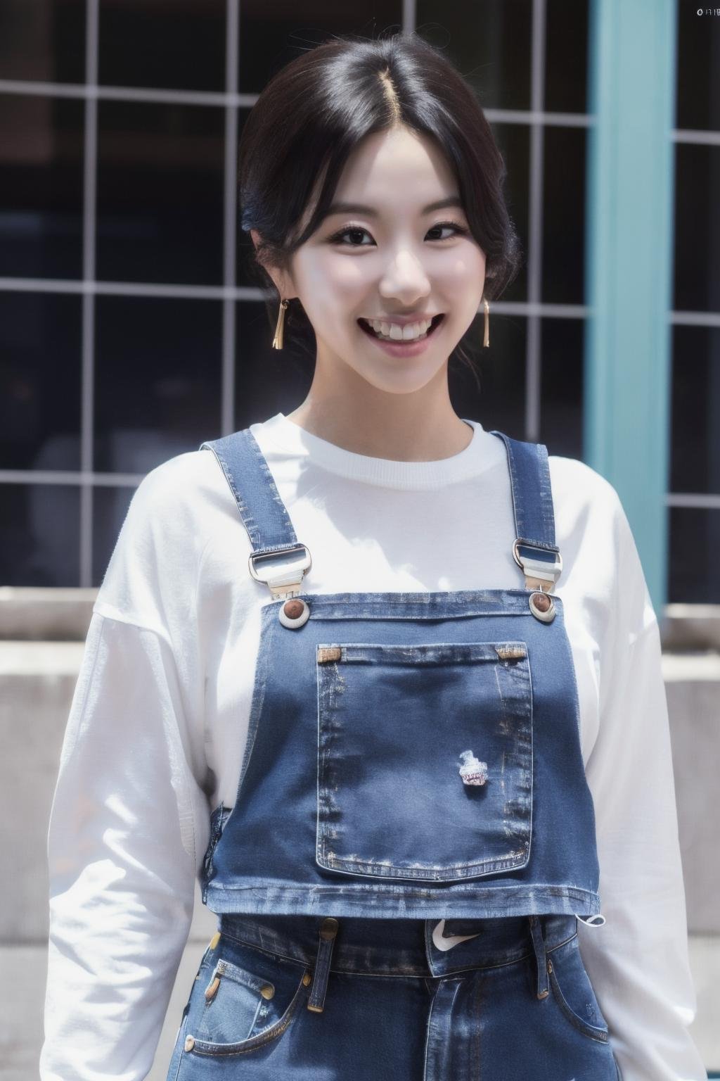<lora:Chaeyoung_BRA:1>, (a picture of Chaeyoung, denim overalls, white tshirt, sneakers, grin), (detailed lighting, extremely detailed skin, extremely detailed hair, shadows, 8k), looking at viewer, (High Key Lighting), masterpiece, top quality, best quality, official art, unity 8k wallpaper, highres, ultra-high res, ultra-detailed, beautiful and aesthetic