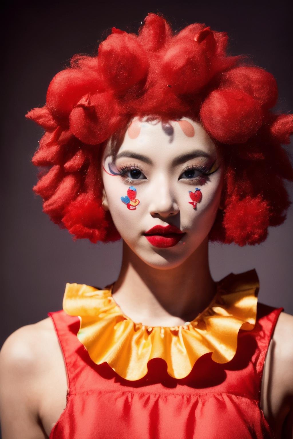 <lora:Chaeyoung_BRA:1>, (a picture of Chaeyoung, clown outfit, clown makeup, red afro wig), (detailed lighting, extremely detailed skin, extremely detailed hair, shadows, 8k), looking at viewer, (High Key Lighting), masterpiece, top quality, best quality, official art, unity 8k wallpaper, highres, ultra-high res, ultra-detailed, beautiful and aesthetic