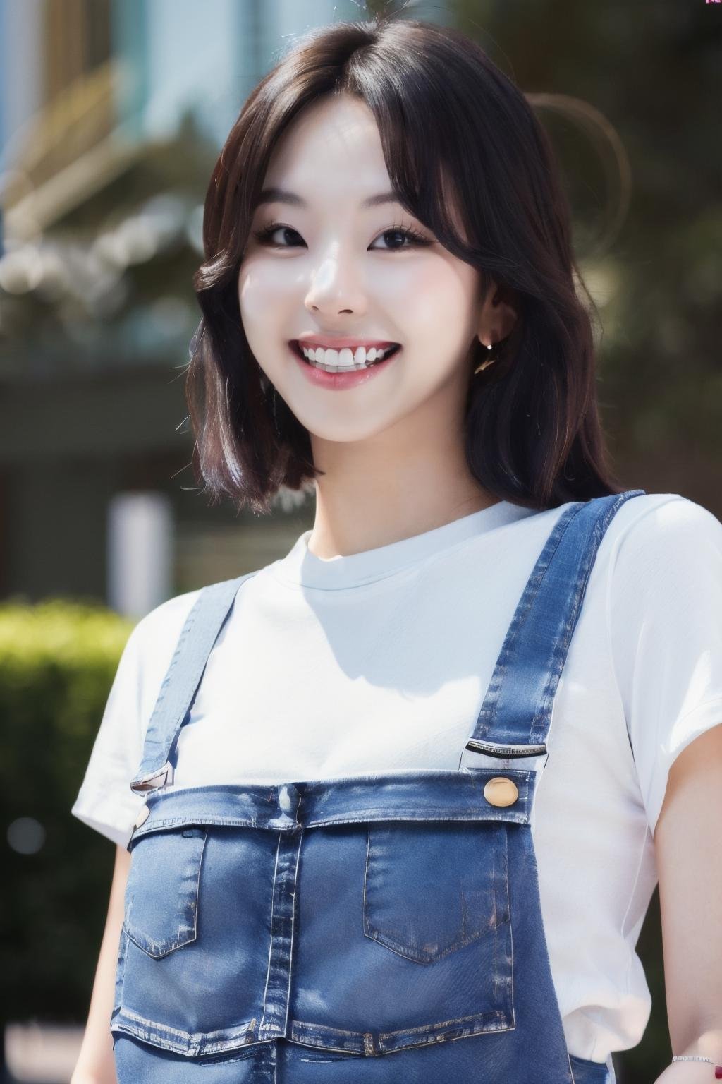 <lora:Chaeyoung_BRA:1>, (a picture of Chaeyoung, denim overalls, white tshirt, sneakers, grin), (detailed lighting, extremely detailed skin, extremely detailed hair, shadows, 8k), looking at viewer, (High Key Lighting), masterpiece, top quality, best quality, official art, unity 8k wallpaper, highres, ultra-high res, ultra-detailed, beautiful and aesthetic