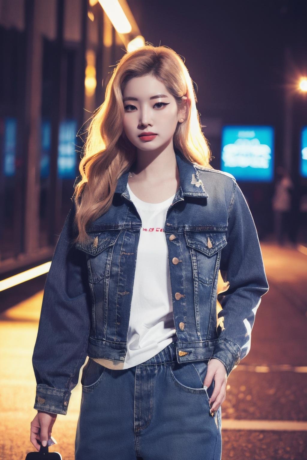 <lora:Dahyun_BRA:1>, (a picture of Dahyun, denim jacket, jogging pants, track pants, night, neon), (detailed lighting, extremely detailed skin, extremely detailed hair, shadows, 8k), looking at viewer, (High Key Lighting), masterpiece, top quality, best quality, official art, unity 8k wallpaper, highres, ultra-high res, ultra-detailed, beautiful and aesthetic