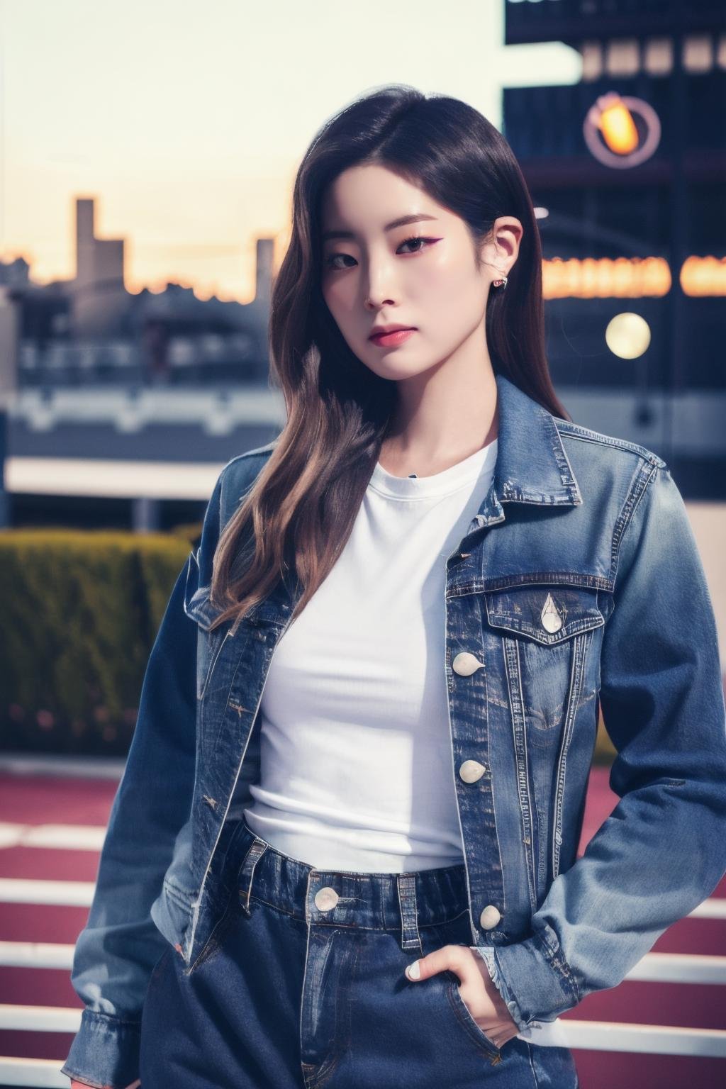<lora:Dahyun_BRA:1>, (a picture of Dahyun, denim jacket, jogging pants, track pants, night, neon), (detailed lighting, extremely detailed skin, extremely detailed hair, shadows, 8k), looking at viewer, (High Key Lighting), masterpiece, top quality, best quality, official art, unity 8k wallpaper, highres, ultra-high res, ultra-detailed, beautiful and aesthetic