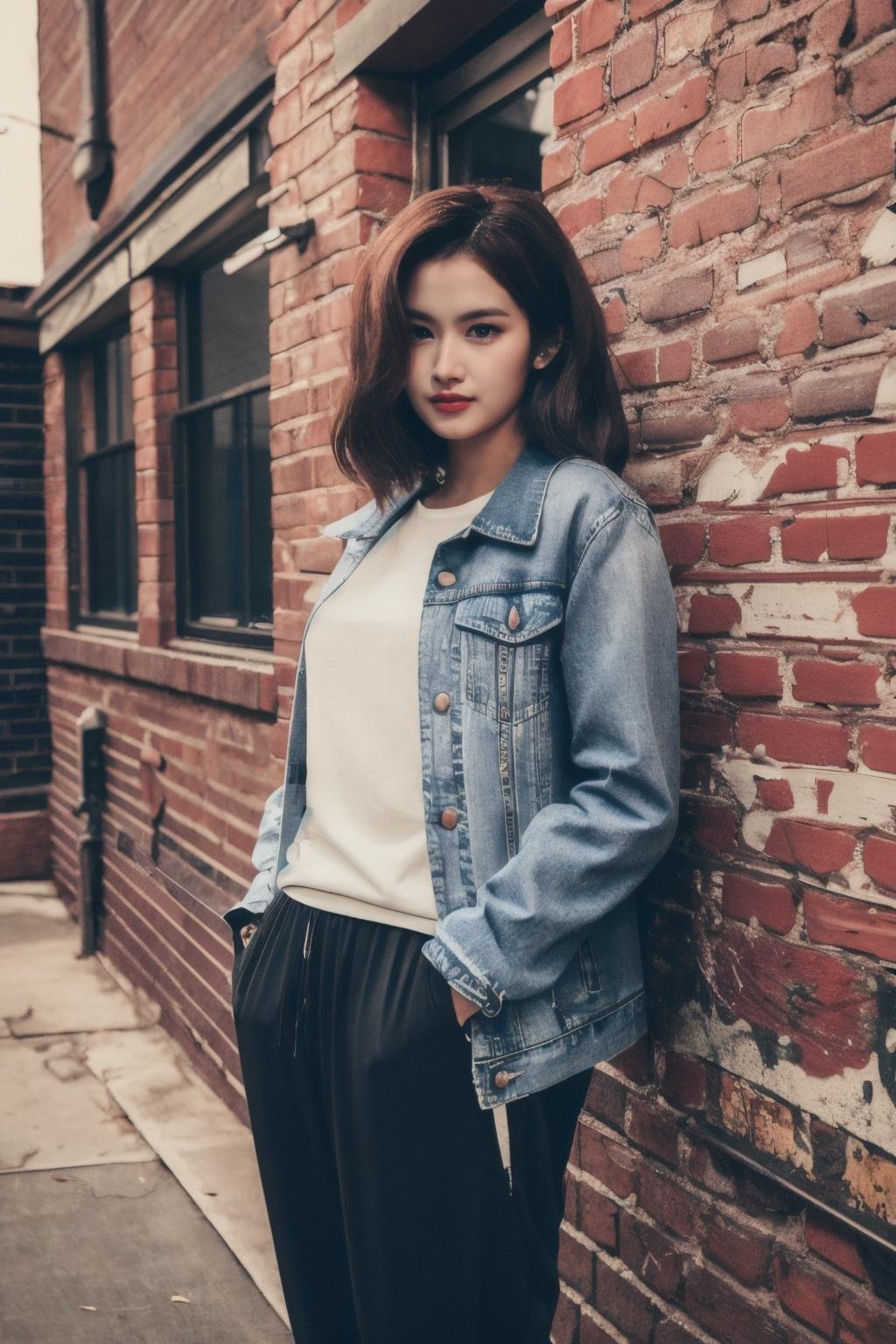 <lora:Sana_BRA:1>, (a picture of Sana, jean jacket, jogging pants, track pants, white t-shirt, outdoors, graffiti, motorcycle, brick wall), (detailed lighting, extremely detailed skin, extremely detailed hair, shadows, 8k), looking at viewer, (High Key Lighting), masterpiece, top quality, best quality, official art, unity 8k wallpaper, highres, ultra-high res, ultra-detailed, beautiful and aesthetic