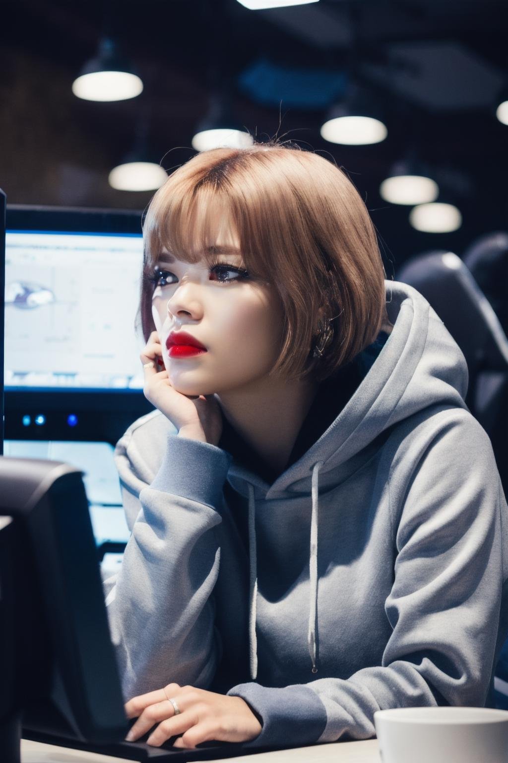 <lora:Jeongyeon_BRA:1>, (a picture of Jeongyeon sitting at a computer, hoodie, bedroom, laptop, frown, hunched over, looking at looking away), (detailed lighting, extremely detailed skin, extremely detailed hair, shadows, 8k), looking at viewer, (High Key Lighting), masterpiece, top quality, best quality, official art, unity 8k wallpaper, highres, ultra-high res, ultra-detailed, beautiful and aesthetic