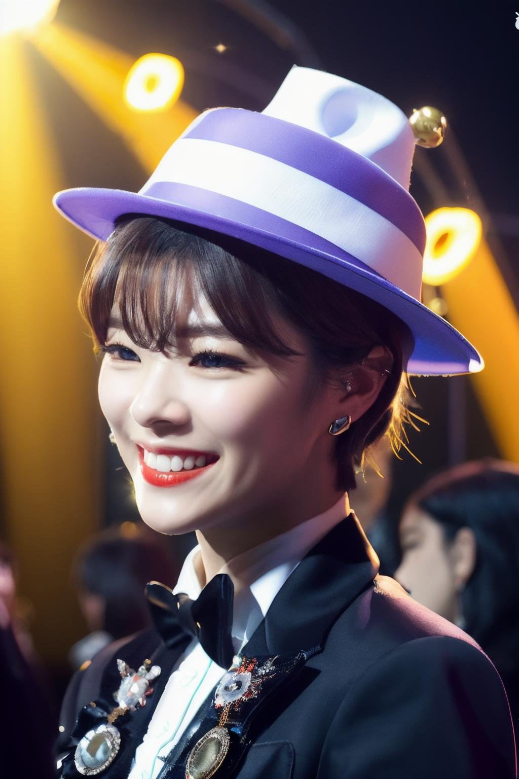 <lora:Jeongyeon_BRA:1>, (a picture of Jeongyeon, magician, magician hat, magician wand, tuxedo, spotlight, stage, smile), (detailed lighting, extremely detailed skin, extremely detailed hair, shadows, 8k), looking at viewer, (High Key Lighting), masterpiece, top quality, best quality, official art, unity 8k wallpaper, highres, ultra-high res, ultra-detailed, beautiful and aesthetic