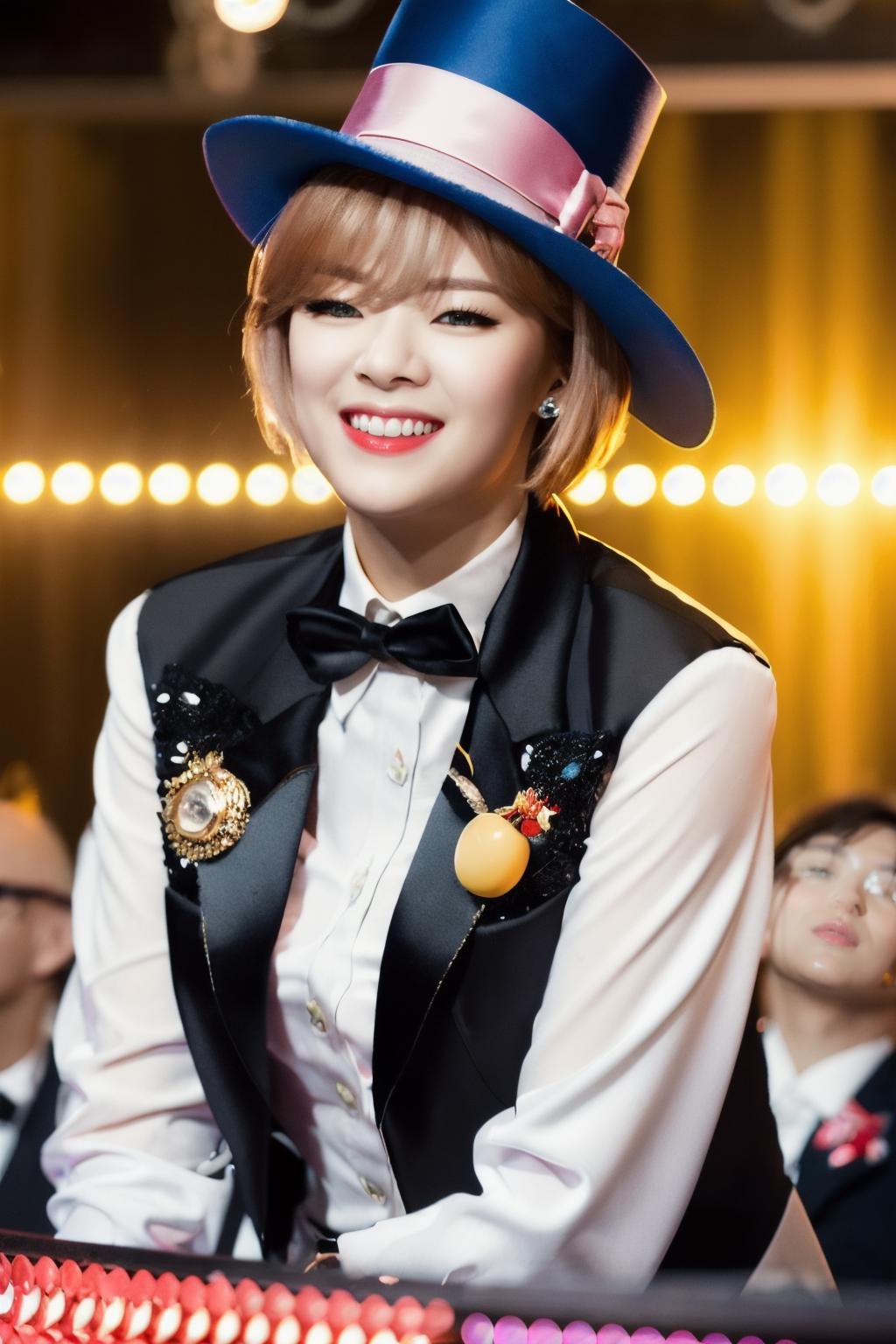 <lora:Jeongyeon_BRA:1>, (a picture of Jeongyeon, magician, magician hat, magician wand, tuxedo, spotlight, stage, smile), (detailed lighting, extremely detailed skin, extremely detailed hair, shadows, 8k), looking at viewer, (High Key Lighting), masterpiece, top quality, best quality, official art, unity 8k wallpaper, highres, ultra-high res, ultra-detailed, beautiful and aesthetic