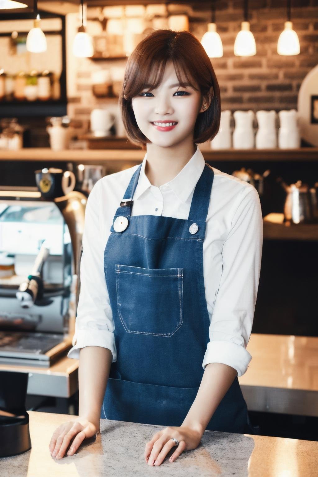 <lora:Jeongyeon_BRA:1>, (a picture of Jeongyeon, coffee shop, apron, counter, barista, smile), (detailed lighting, extremely detailed skin, extremely detailed hair, shadows, 8k), looking at viewer, (High Key Lighting), masterpiece, top quality, best quality, official art, unity 8k wallpaper, highres, ultra-high res, ultra-detailed, beautiful and aesthetic