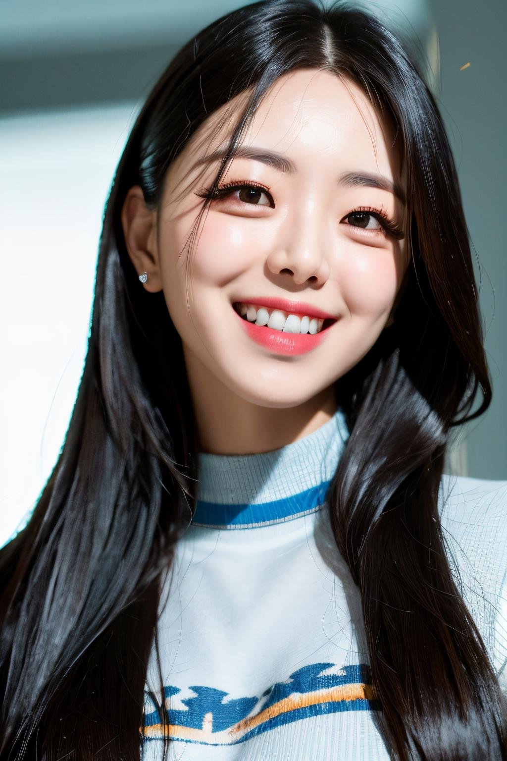 <lora:ITZY Yuna:1>, ITZY Yuna, face, turtleneck, close up, 1girl, solo, long_hair, looking_at_viewer, smile, teeth, realistic, head tilt, looking at viewer, photograph, photorealistic, beautiful and aesthetic, extremely detailed skin, extremely detailed hair, shadows, masterpiece, top quality, best quality, highres, ultra-high res, ultra-detailed, detailed lighting, high key lighting, vignetting,