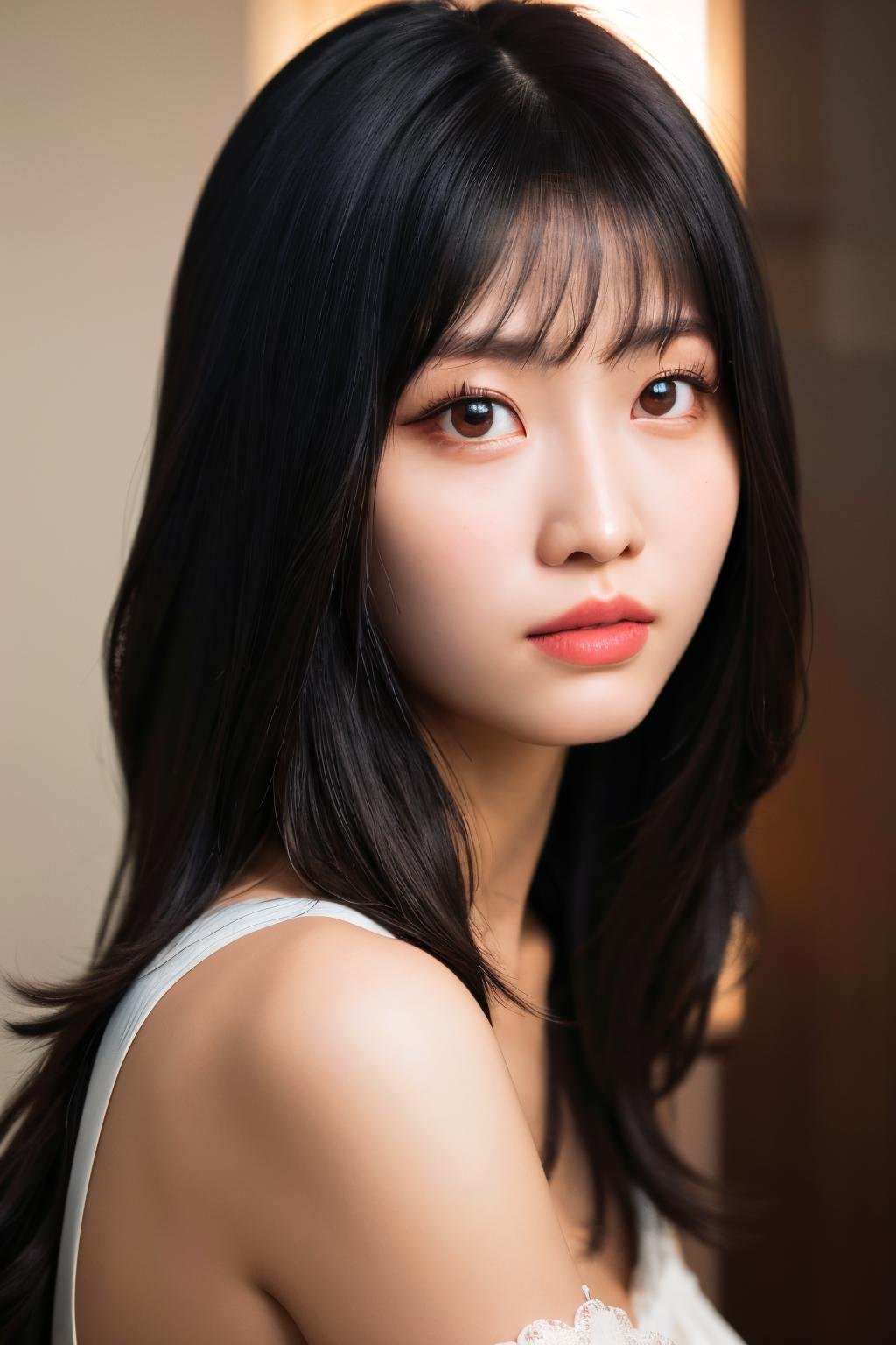 <lora:Twice Momo:1>, Momo, 1girl, solo, realistic, looking at viewer, photograph, photorealistic, beautiful and aesthetic, extremely detailed skin, extremely detailed hair, shadows, masterpiece, top quality, best quality, highres, ultra-high res, ultra-detailed, detailed lighting, high key lighting, vignetting,