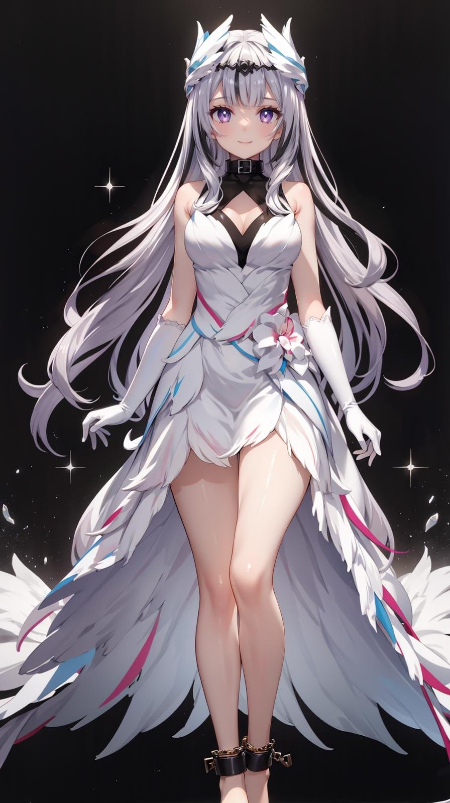 (extremely detailed CG, best quality:1.1), 1girl, perfect face, bright pupils, (finely detailed beautiful eyes:1.1), shiny skin, lustrous skin, wide hips, narrow waist, very long hair, (multicolored hair, black hair, white hair:1.2), head wings, purple eyes, dress, sleeveless dress, white gloves, elbow gloves, barefoot, chain, shackles, ankle cuffs, anklet, full body, standing, depth of field, smile,   <lora:Veyle:0.6>