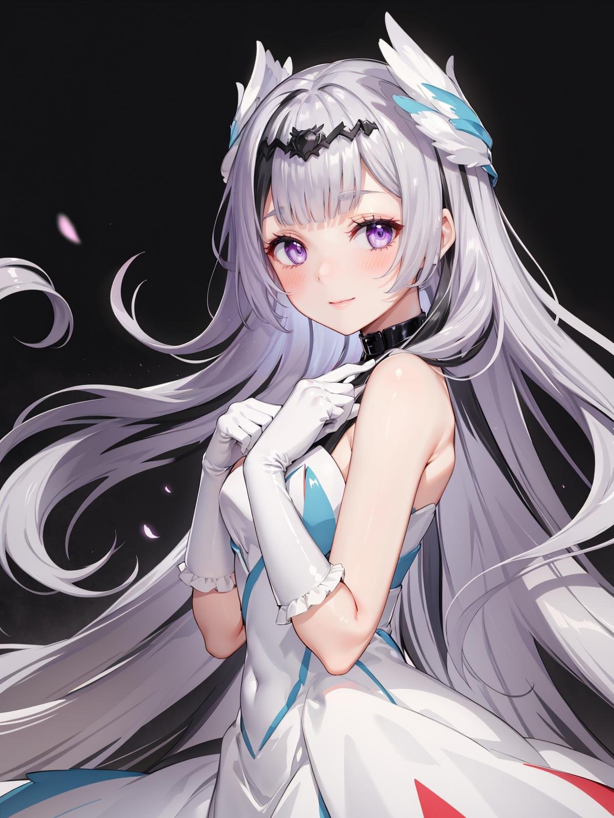 (extremely detailed CG, best quality:1.1), 1girl, perfect face, bright pupils, (finely detailed beautiful eyes:1.1), half-closed eyes, shiny skin, lustrous skin, wide hips, narrow waist, very long hair, (multicolored hair, black hair, white hair:1.2), head wings, purple eyes, dress, sleeveless dress, white gloves, elbow gloves, light smile, blush, hands on chest, from side,  floating hair,  <lora:Veyle:0.6>