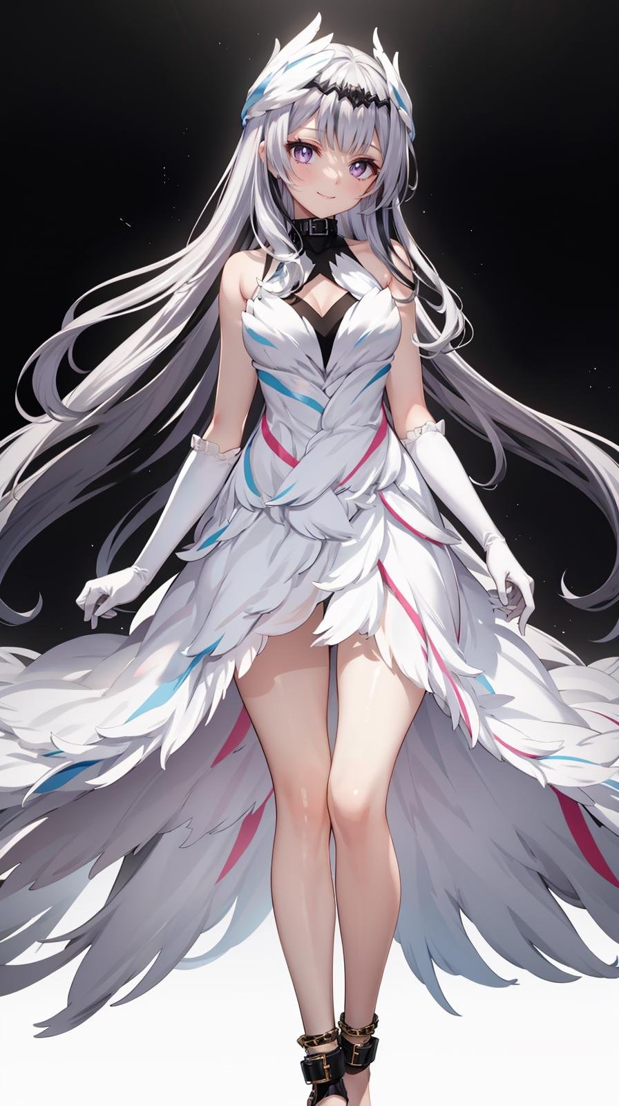 (extremely detailed CG, best quality:1.1), 1girl, perfect face, bright pupils, (finely detailed beautiful eyes:1.1), shiny skin, lustrous skin, wide hips, narrow waist, very long hair, (multicolored hair, black hair, white hair:1.2), head wings, purple eyes, dress, sleeveless dress, white gloves, elbow gloves, barefoot, chain, shackles, ankle cuffs, anklet, full body, standing, depth of field, smile,   <lora:Veyle:0.6>