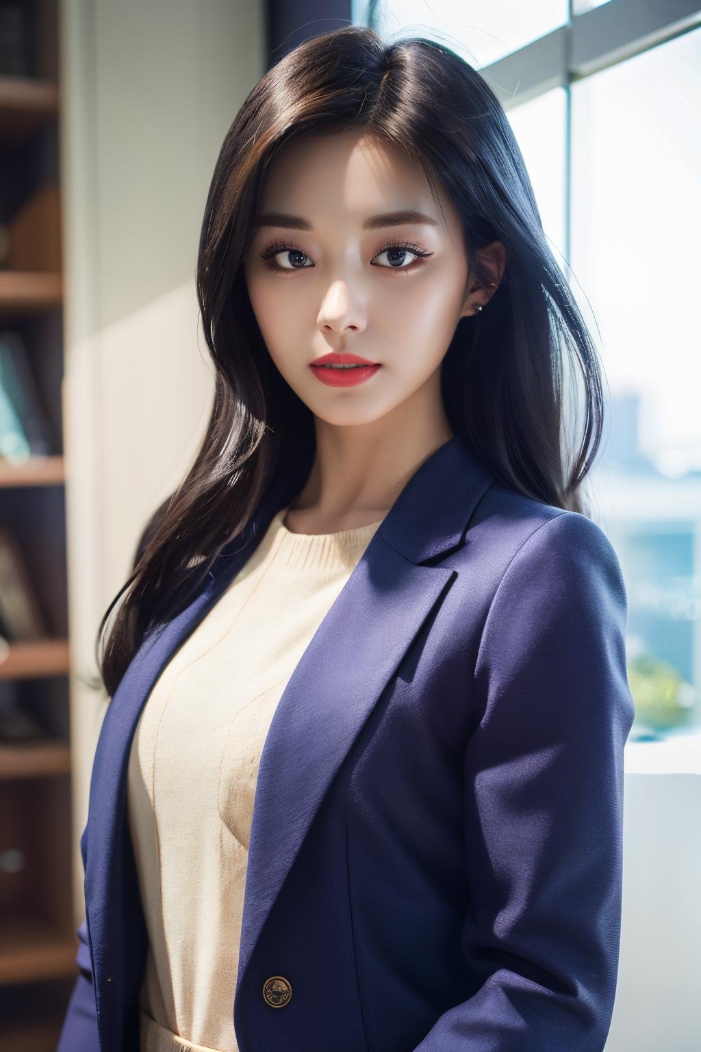 <lora:Tzuyu_BRA:1>, <lora:ClothingAdjuster3:-0.7>, a picture of Tzuyu, office lady, suit, indoors, office, face crop, (detailed lighting, extremely detailed skin, extremely detailed hair, shadows, 8k), looking at viewer, (High Key Lighting), masterpiece, top quality, best quality, official art, unity 8k wallpaper, highres, ultra-high res, ultra-detailed, beautiful and aesthetic