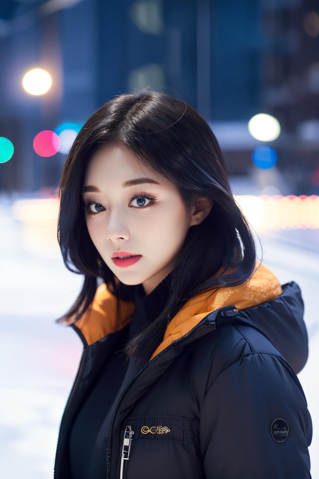 <lora:Tzuyu_BRA:1>, <lora:ClothingAdjuster3:-1>, winter clothes, winter coat, outdoors, snow, face crop, (detailed lighting, extremely detailed skin, extremely detailed hair, shadows, 8k), looking at viewer, (High Key Lighting), masterpiece, top quality, best quality, official art, unity 8k wallpaper, highres, ultra-high res, ultra-detailed, beautiful and aesthetic