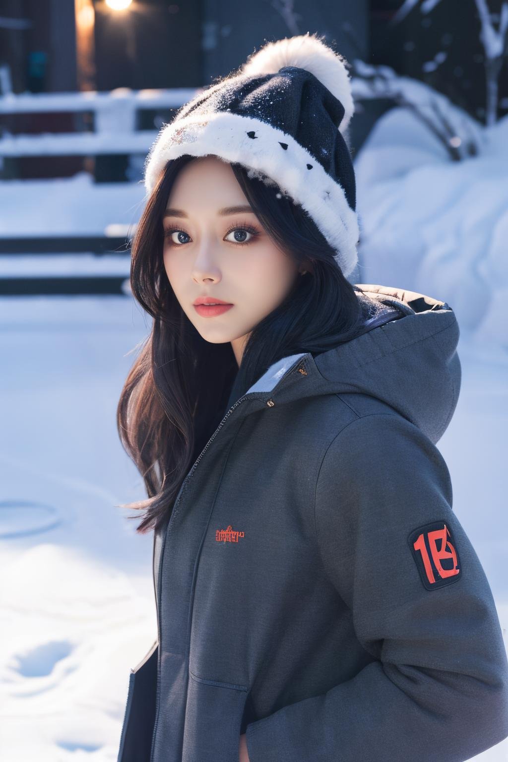 <lora:Tzuyu_BRA:1>, <lora:ClothingAdjuster3:-1>, winter clothes, winter coat, outdoors, snow, face crop, (detailed lighting, extremely detailed skin, extremely detailed hair, shadows, 8k), looking at viewer, (High Key Lighting), masterpiece, top quality, best quality, official art, unity 8k wallpaper, highres, ultra-high res, ultra-detailed, beautiful and aesthetic