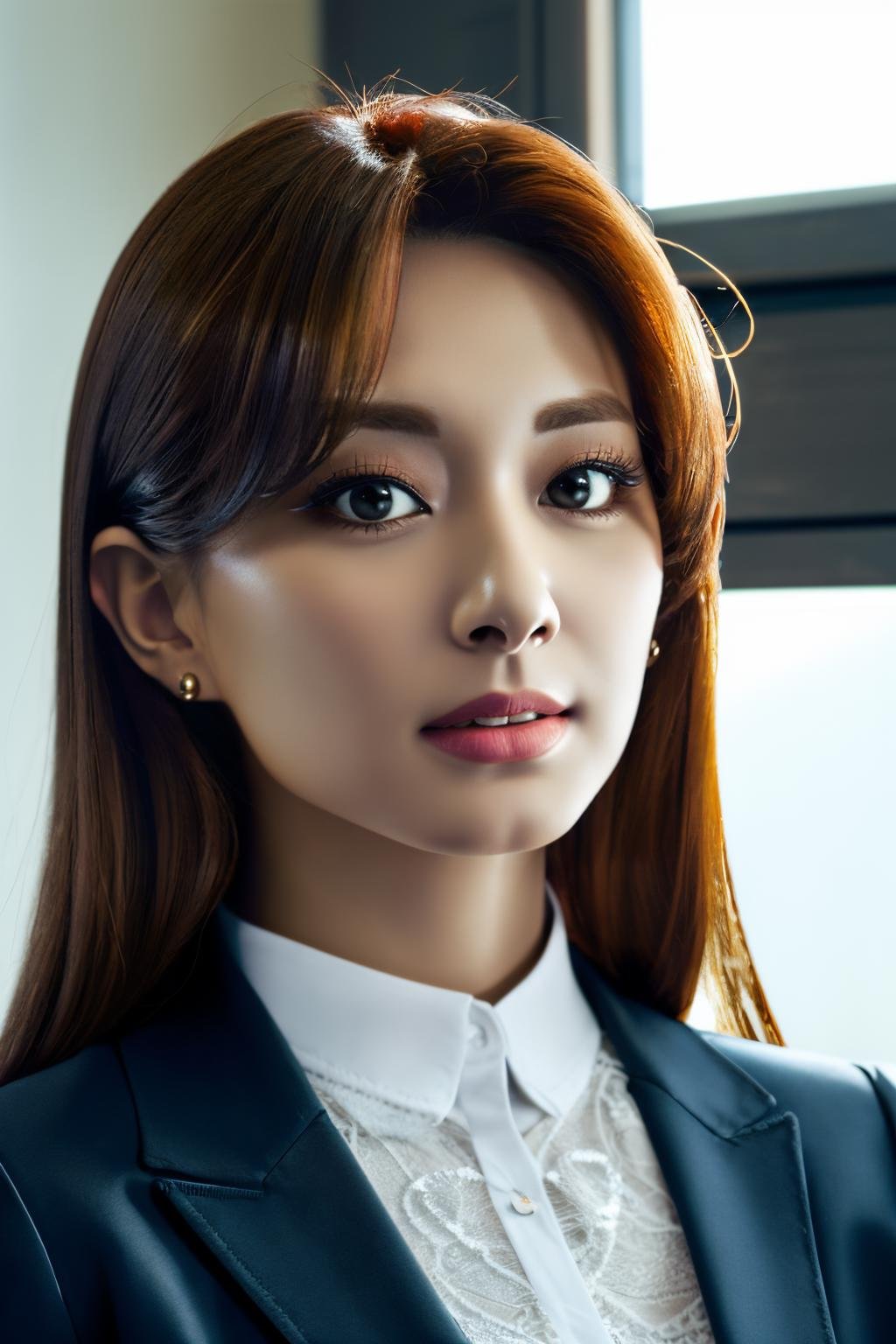 <lora:Tzuyu_BRA:1>, <lora:ClothingAdjuster3:-0.3>, a picture of Tzuyu, office lady, suit, indoors, office, face crop, (detailed lighting, extremely detailed skin, extremely detailed hair, shadows, 8k), looking at viewer, (High Key Lighting), masterpiece, top quality, best quality, official art, unity 8k wallpaper, highres, ultra-high res, ultra-detailed, beautiful and aesthetic