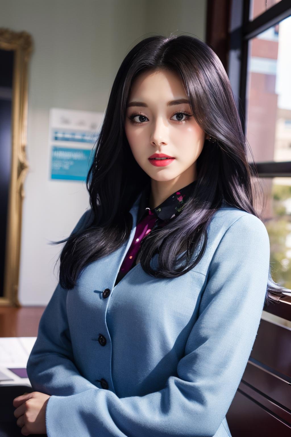 <lora:Tzuyu_BRA:1>, <lora:ClothingAdjuster3:-0.7>, a picture of Tzuyu, office lady, suit, indoors, office, face crop, (detailed lighting, extremely detailed skin, extremely detailed hair, shadows, 8k), looking at viewer, (High Key Lighting), masterpiece, top quality, best quality, official art, unity 8k wallpaper, highres, ultra-high res, ultra-detailed, beautiful and aesthetic