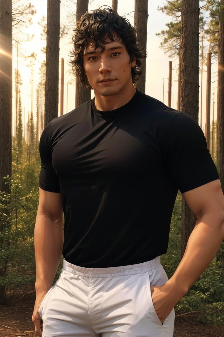 photo of person,  man,  muscular,  male,  black shirt,  looking to viewer,  full body,  white pants,  serious,  on the forest,  sunset,  cinematic lighting,  detailed face,  detailed eyes,  masterpiece,  high_res,  perfect face,  ,  High detailed,<lora:EMS-238348-EMS:1.000000>